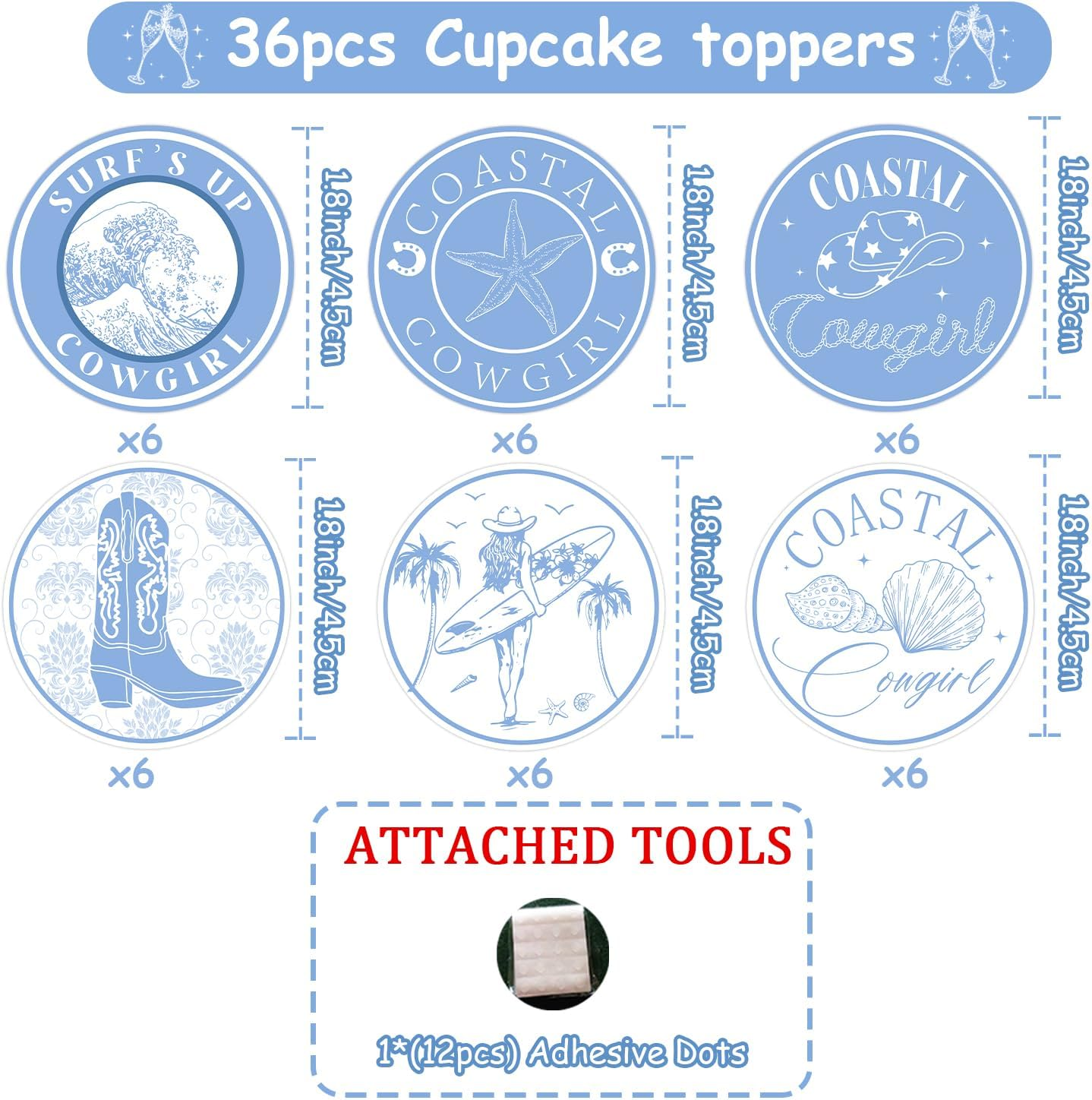 36Pcs Coastal Cowgirl Bachelorette Cupcake Toppers Nautical Bridal Shower Decorations Blue Boots Hats Shells Palm Cake Decorations for Cowgirl Bachelorette Engagement Bridal Shower Party Supplies image number 3