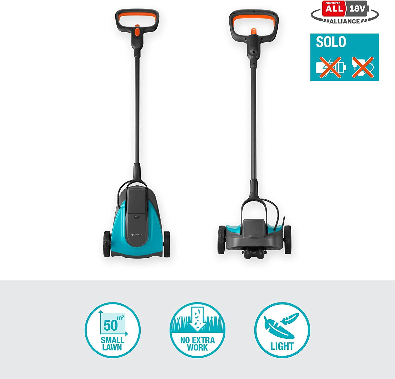 Gardena Battery Lawnmower Handymower 22/18V P4A Skin - Tool Only, Black/Turquoise/Orange (14620-56) image number 5