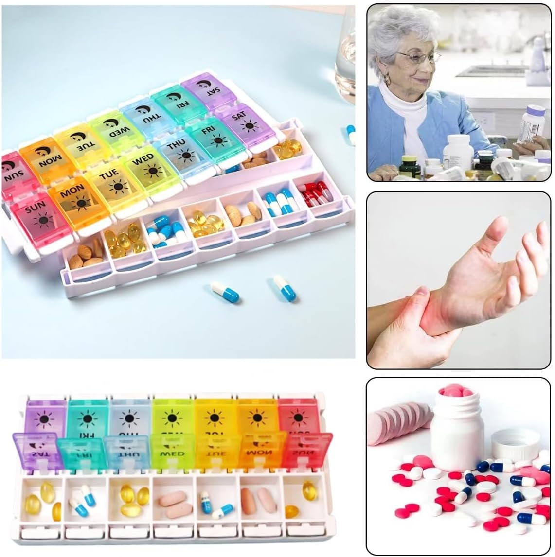 Weekly Pill Organiser, 2 Times a Day Easy to Fill 7 Days Pill Box, Pill Box with Simple Button Design for Pills/Vitamins/Fish Oil/Supplements,Coloured&hellip; image number 1