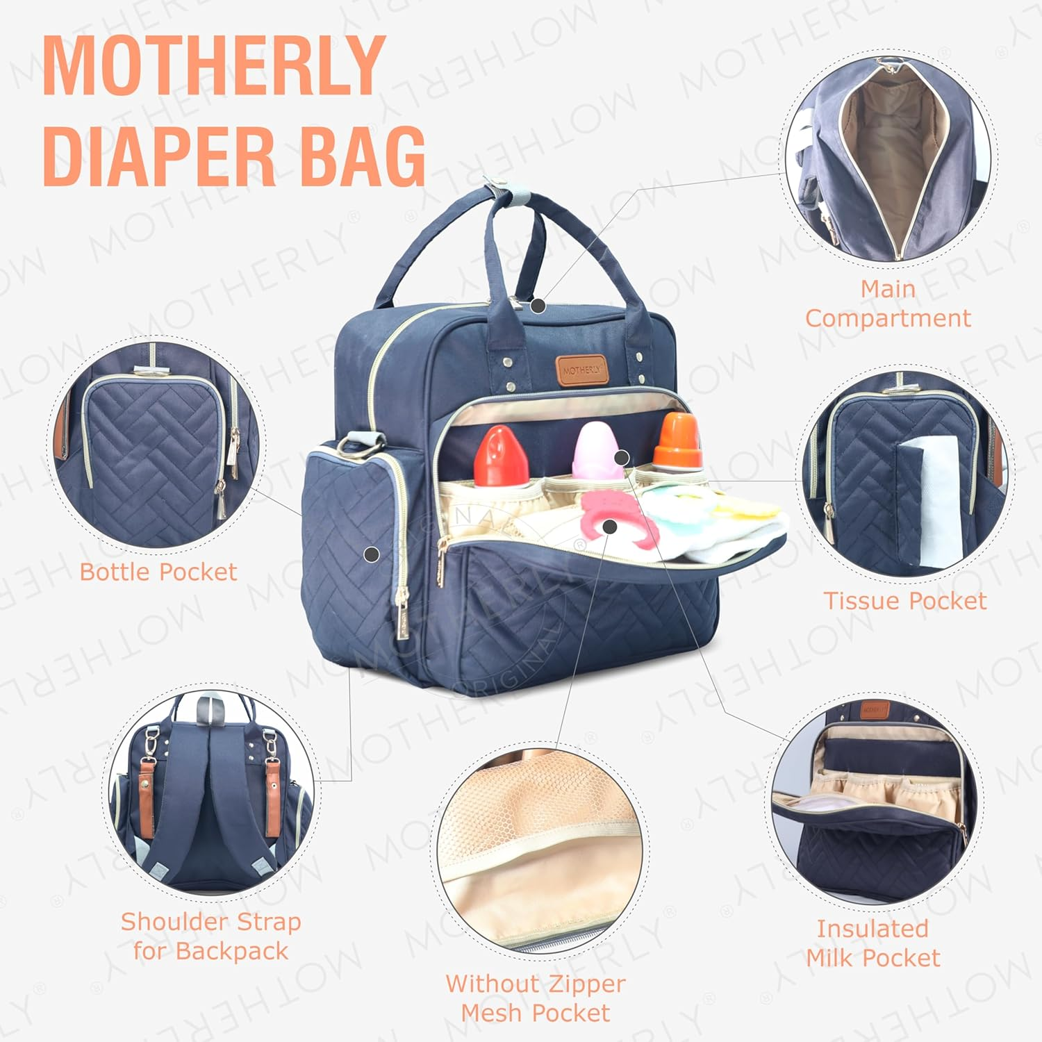 Motherly Quilted Diaper Bag for Mothers for Travel, Maternity Bag for Newborn Baby, Mother Travelling Bag, Multi Pocket Backpack for Moms, Water Resistant Baby Bag with Warranty and Offers (Navy Blue)