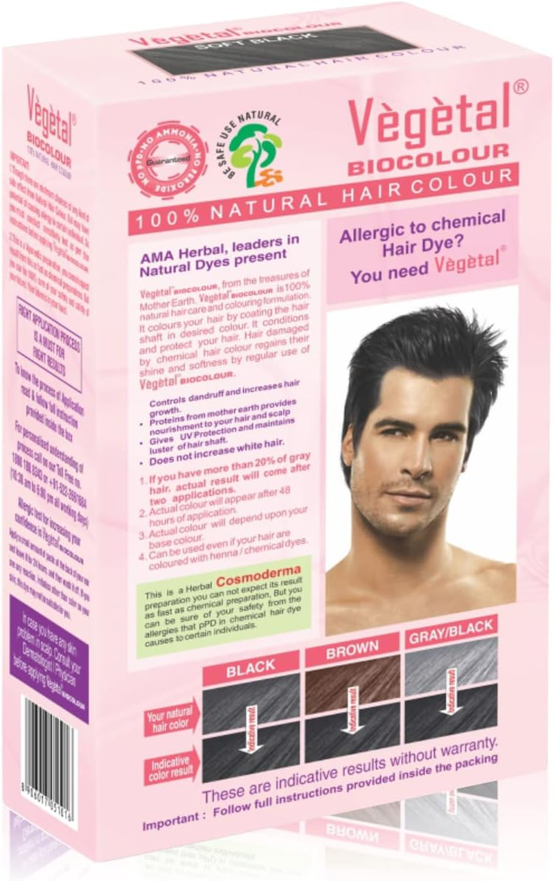 Vegetal Bio Hair Colour - Soft Black 50 G Achieve Natural, Ammonia-Free Hair Color Ppd-Free, 100% Herbal Certified Organic for Men and Women UV Protection and Luster Maintenance Complete Kit