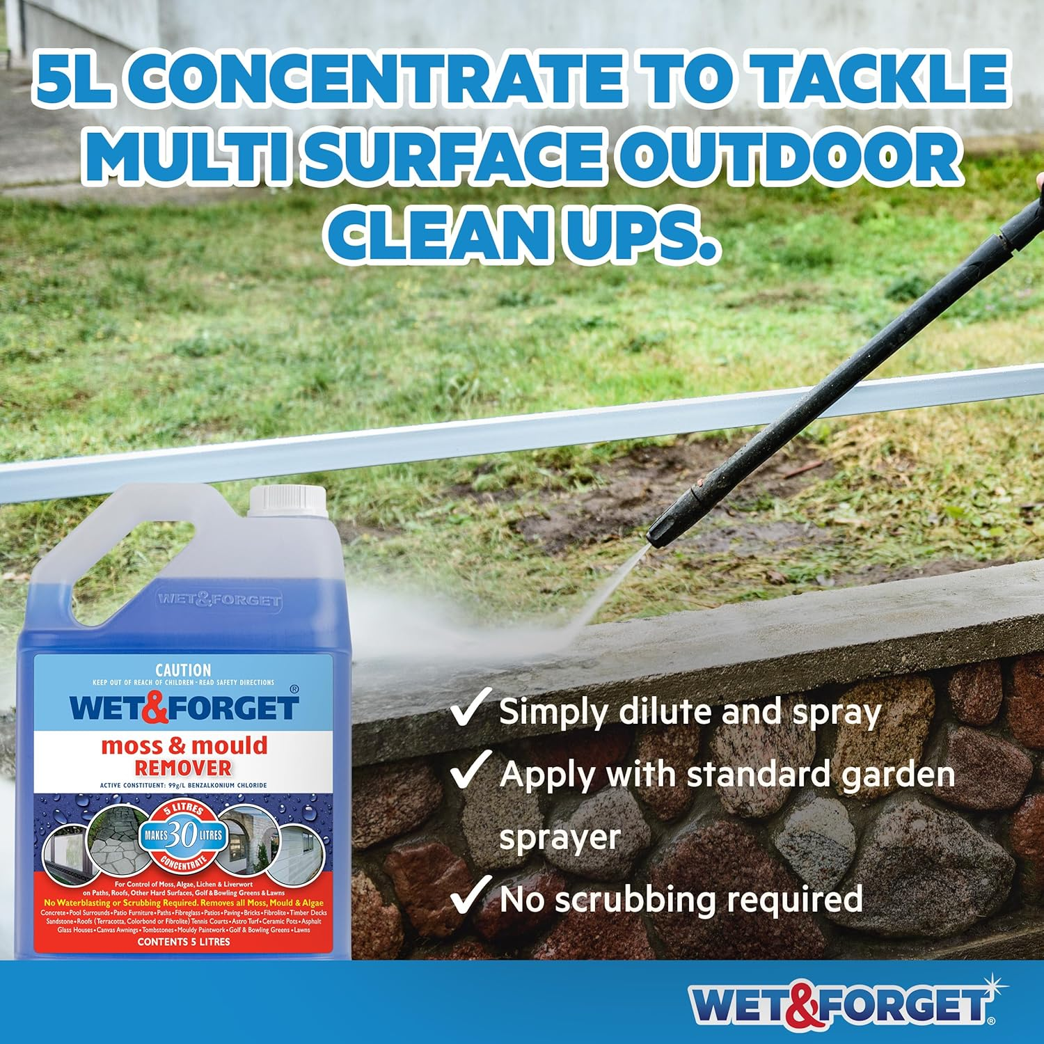 Wet & Forget Moss, & Mould Remover 5L &ndash; No Scrub Exterior Moss & Mould Removal for Roofs, Decks, Fences, Concrete, Patios, Brick & Cladding &ndash;, Bleach-Free Concentrate Formula image number 5