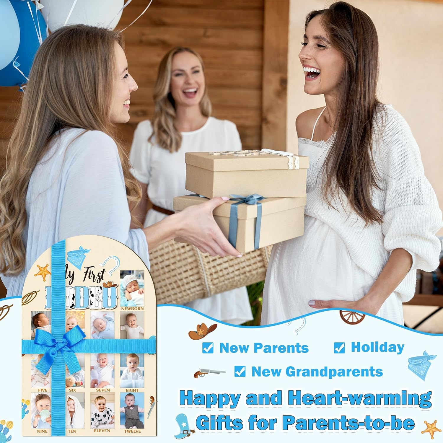 R HORSE 3D My First Rodeo Birthday Wood Photo Display Board, Blue Cowboy Baby'S First Year Picture Frame, 1-12 Months Milestone Board Birthday Decorations Keepsake Gift for Baby Boys Nursery Decor image number 6