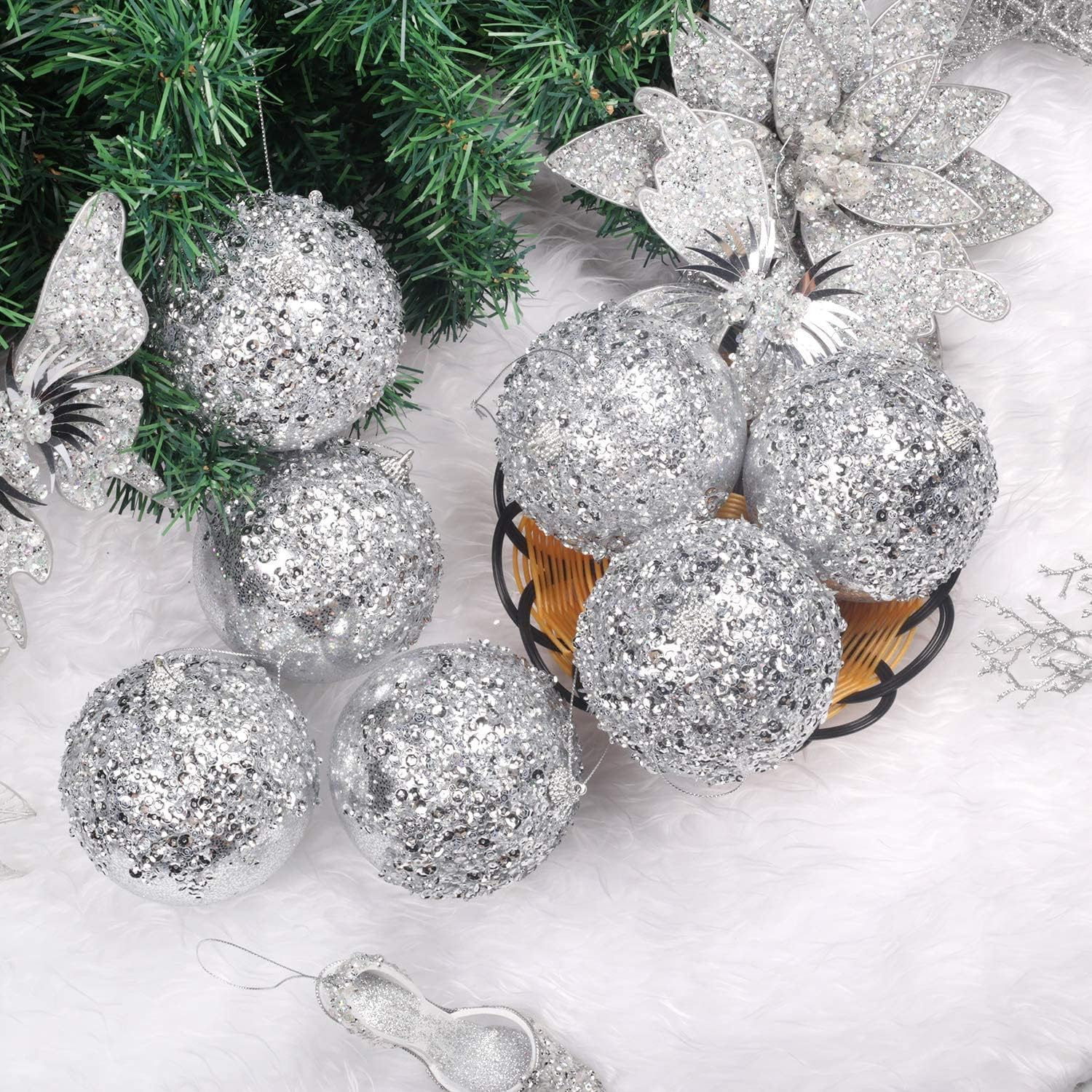 4" Christmas Ball Ornaments, 4Pc Set Silver Shatterproof Christmas Decorations Tree Balls for Xmas Trees Wedding Party Holiday Decorations - Champagne image number 7