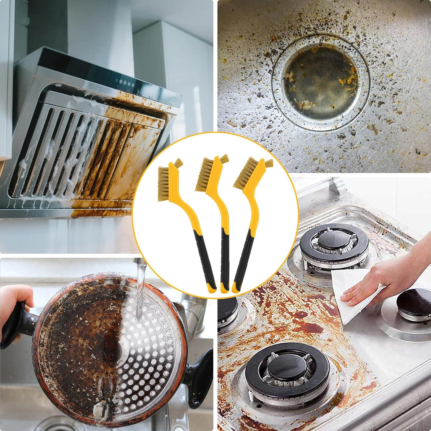 3-Pack 7'' Copper Plated Steel Wire Brush Set,Multi-Use Dual Head and Curved Handle Grip,Wire Cleaning Brush for Toilet,Kitchen, Bathroom Etc