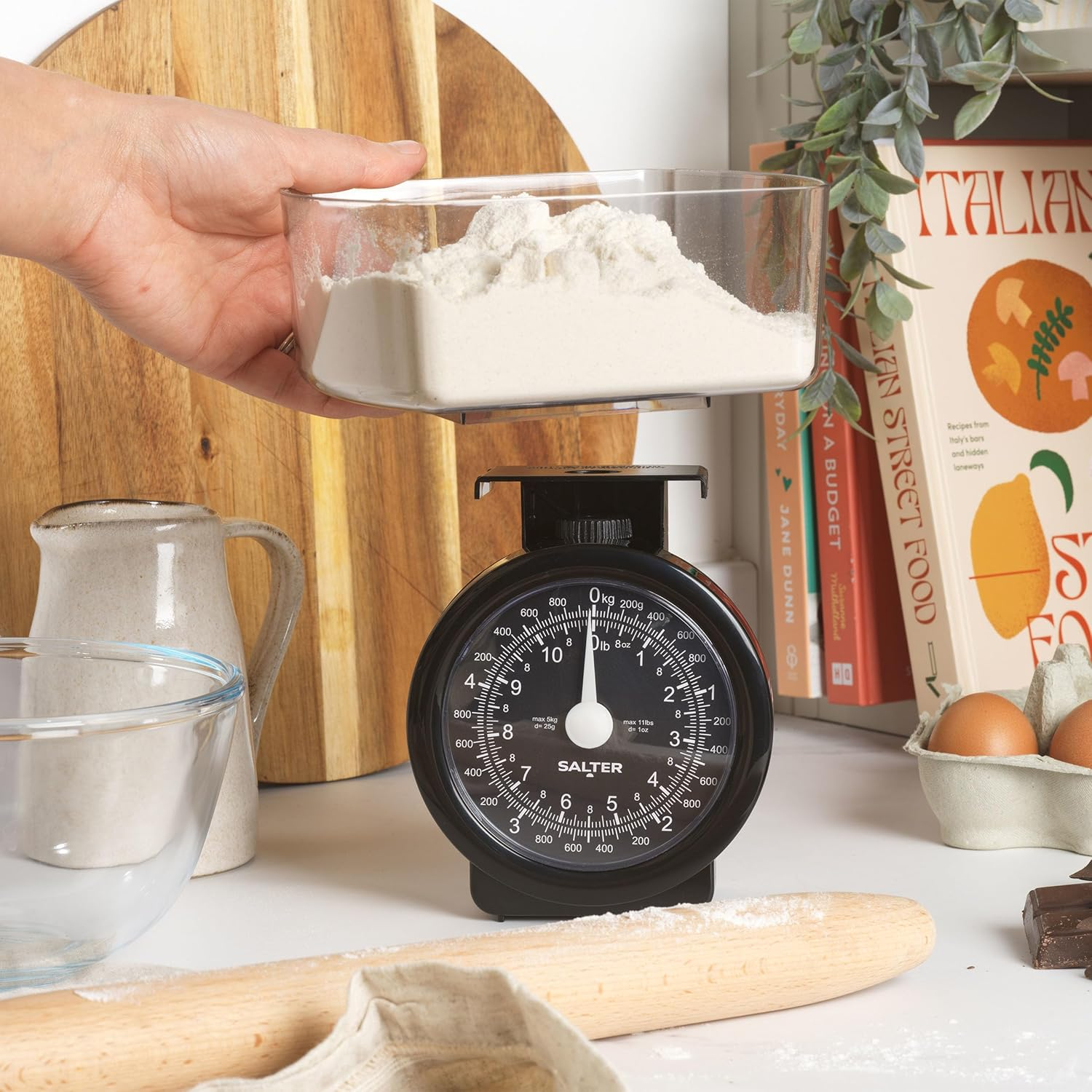 Salter Mechanical Kitchen Scale - Mini Analogue Food Scale, 5Kg Capacity, 1L Dishwasher Safe Detachable Bowl, No Batteries, Scale Fits inside Bowl for Compact Storage, Easy Read Dial, 114 BKCLDR