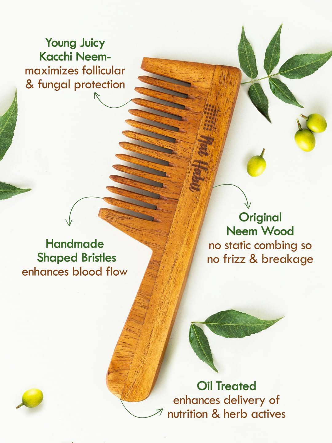 Nat Habit Wide Tooth Wooden Kacchi Neem Comb & Neem Bhringraj Dasabuti Hair Oil for Dry and Frizzy Hair, with Castor, Coconut & Amla - Combo Pack of 2 image number 3