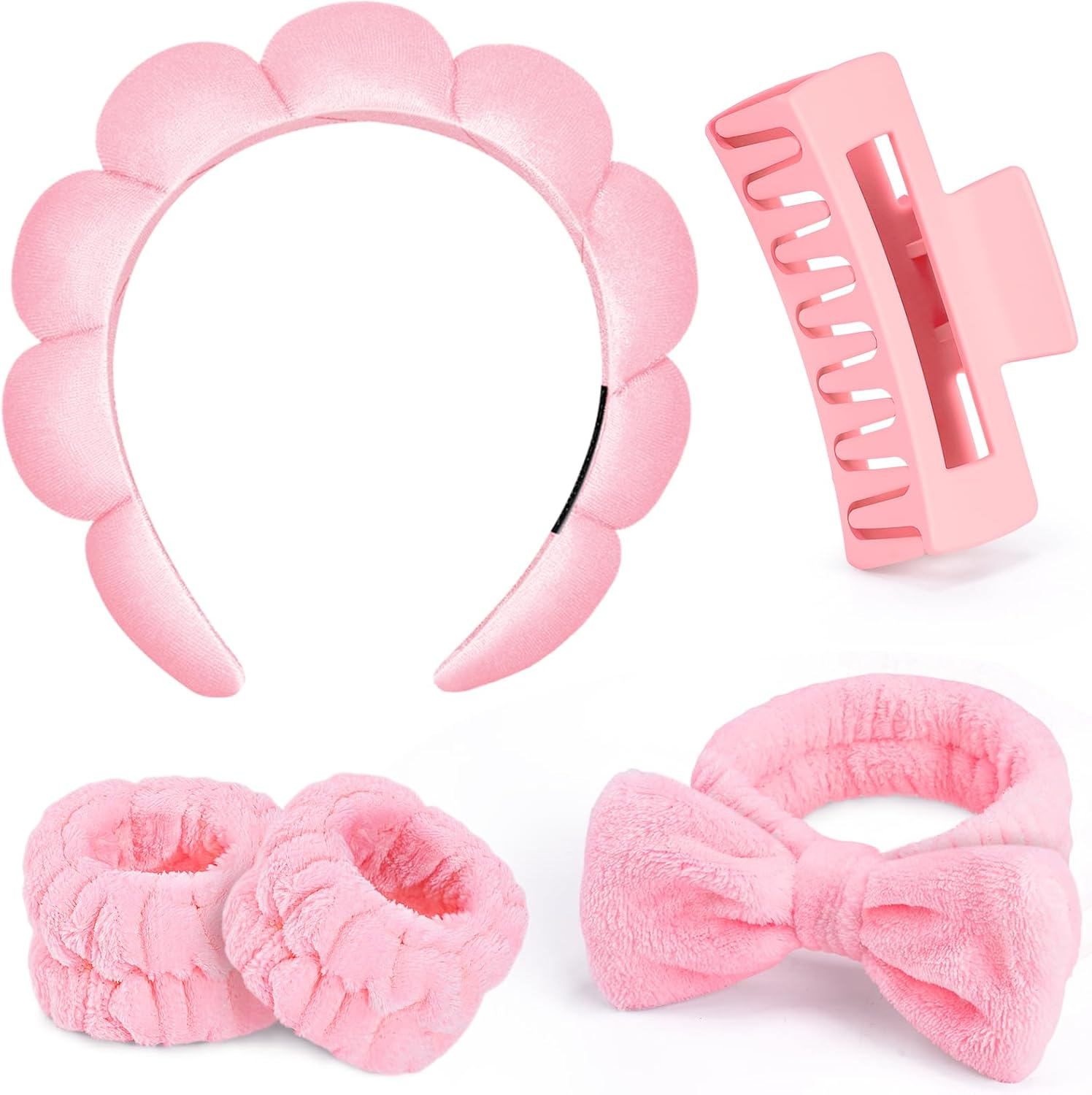 Leezmark 5 Pcs Spa Headband and Wristband Set, Skincare Headbands for Women, Bubble Spa Headband for Washing Face, Terry Cloth Headbands for Girls, Soft Velvet Makeup Headband Hair Accessories, Pink - Blue image number 7