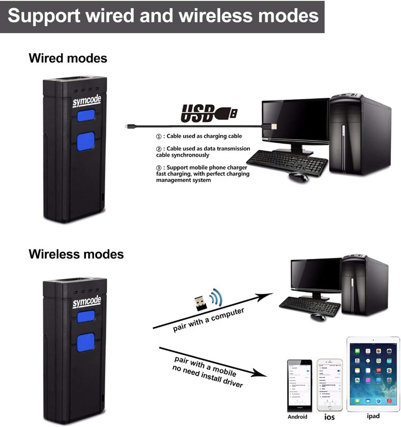 USB Bluetooth Barcode Scannersymcode 1D Mini Wireless Handheld Laser Barcode Scanner Reader for Pos/Android/Ios/Imac/Ipad with Bluetooth 4.0 Receiver image number 6