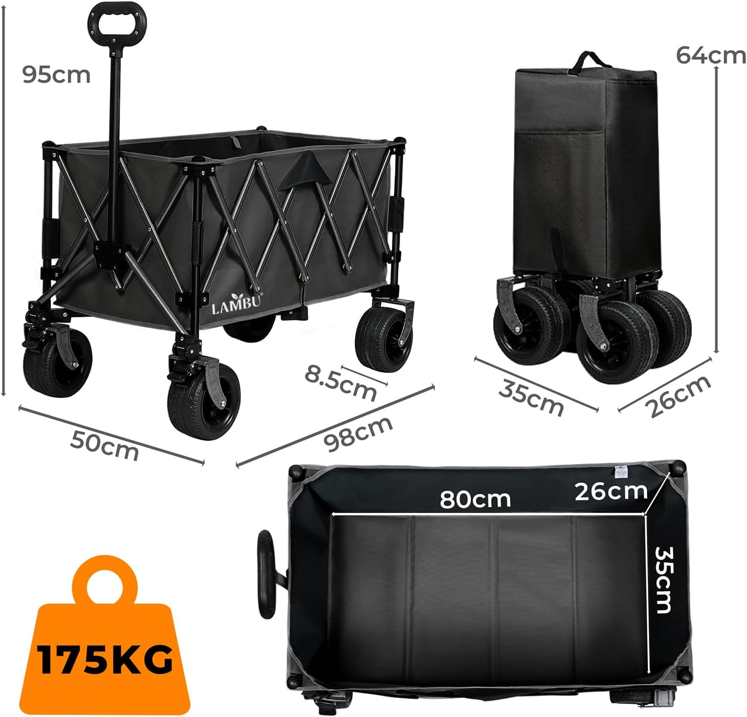 Lambu Foldable Camping Trolley Cart,240L Camping Cart Collapsible Portable Wagon Cart,Heavy Duty Folding Wagon Large Capacity Shopping Cart,Garden Outdoor Park Utility Beach Trolley (Black) image number 4