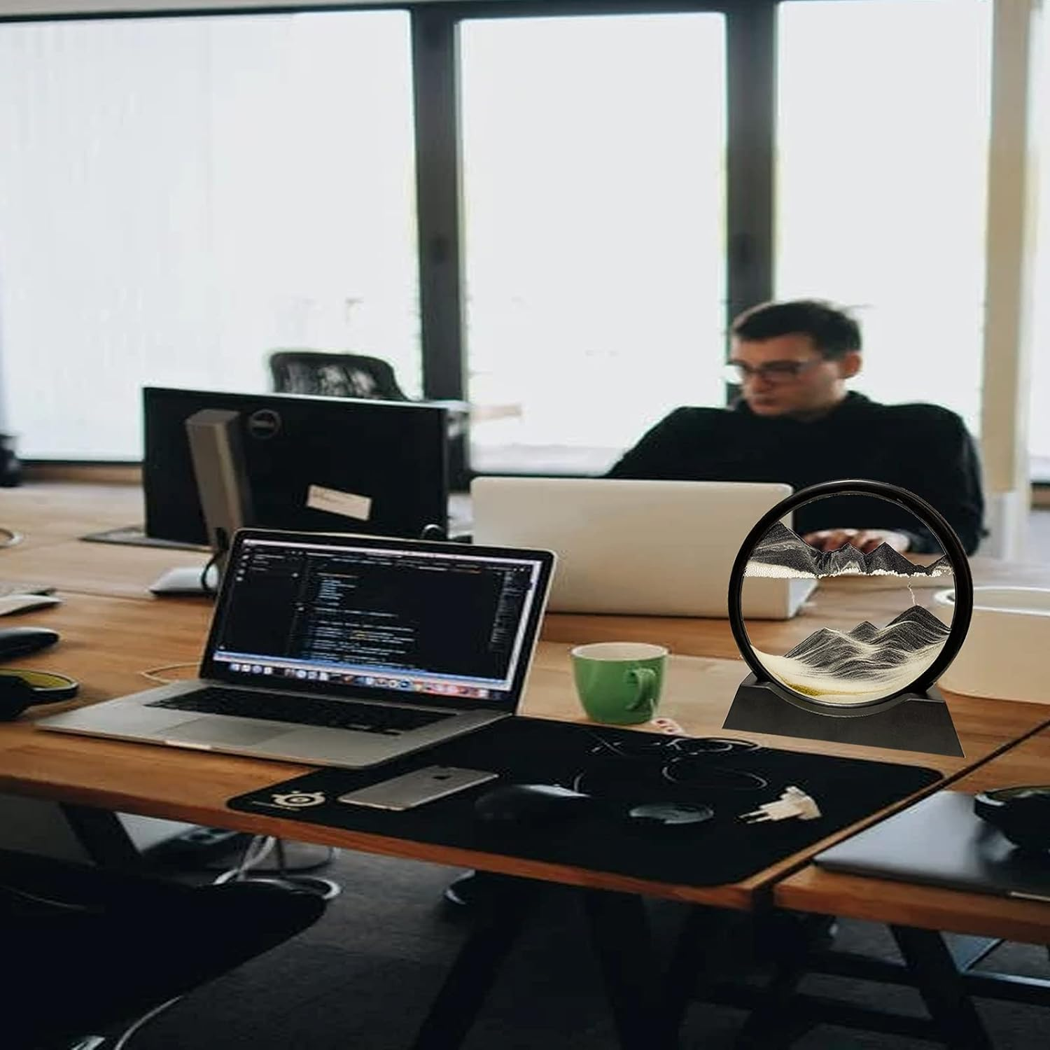 CATFUN Moving Sand Art Picture in Motion round Glass 3D Deep Sea Landscape, Dynamic Sandscapes, Sensory Relaxing Desktop (BLACK) image number 5