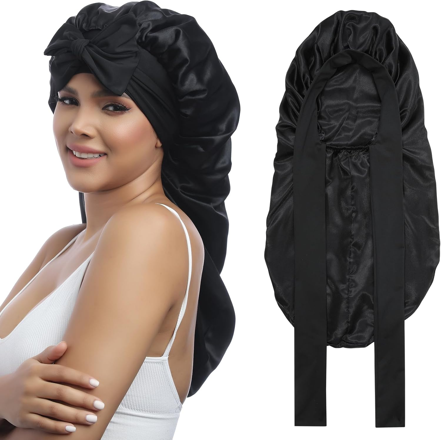 AWAYTR Long Satin Bonnet for Women - Double Layer Elastic Silk Bonnet for Braids Hair Sleeping Cap with Tie Band