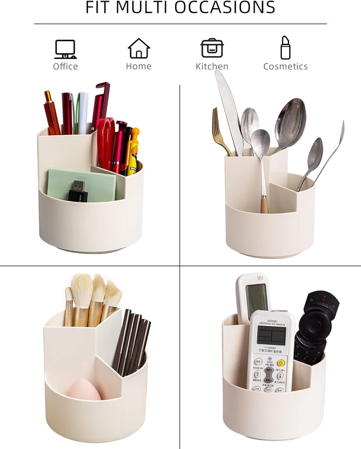 Desk Pencil Pen Holder, 3 Slots 360-Degree Spinning Pencil Pen Desk Organizers, Desktop Storage Pen Organizers Stationery Supplies, Cute Pencil Cup Pot for Office, Art Supply - White image number 4