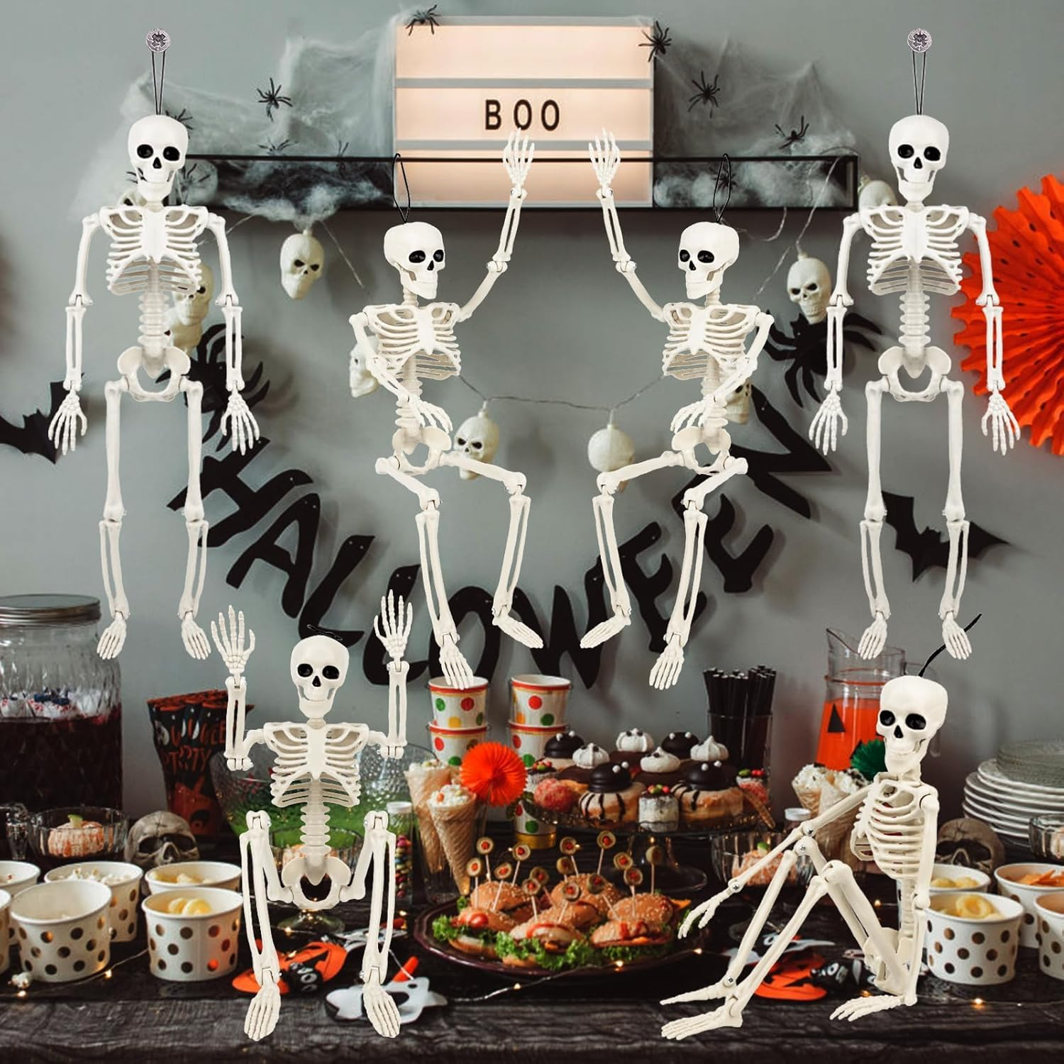 Halloween Skeleton Decorations - 16"(40Cm) Poseable Skeletons for Indoor & Outdoor Spooky Scenes, Perfect for Yard, Party, Haunted House, Graveyard Halloween Decor (6 Pack)