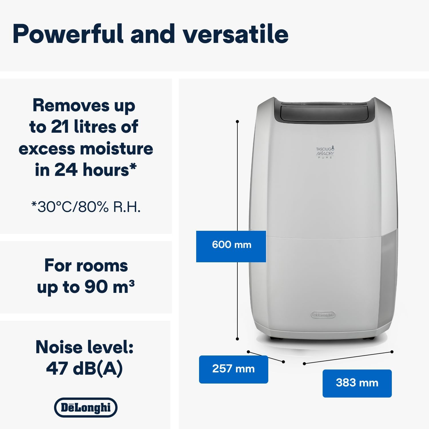 De'Longhi Tasciugo Ariadry Pure 21L Dehumidifier DDSX220WF, 2 in 1 Dehumidifier and Air Purifier for Moisture Control, Wi-Fi Connectivity, Laundry Function, 4-Action Filtration System, White image number 5