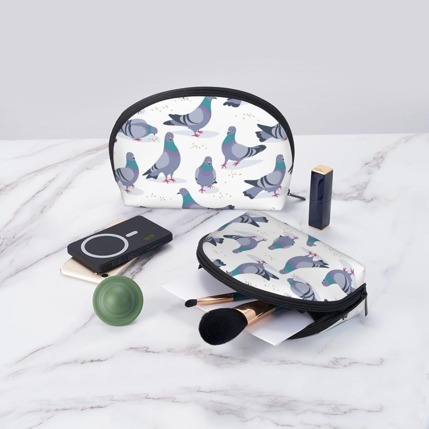Cozimangoe Coin Pouch Makeup Bags Set, 2 Piece Shell Shape Cosmetic Bag with Pockets for Daily Travel Handbag Lipstick Keys Toiletry, Personalized Bluish Pigeons image number 4