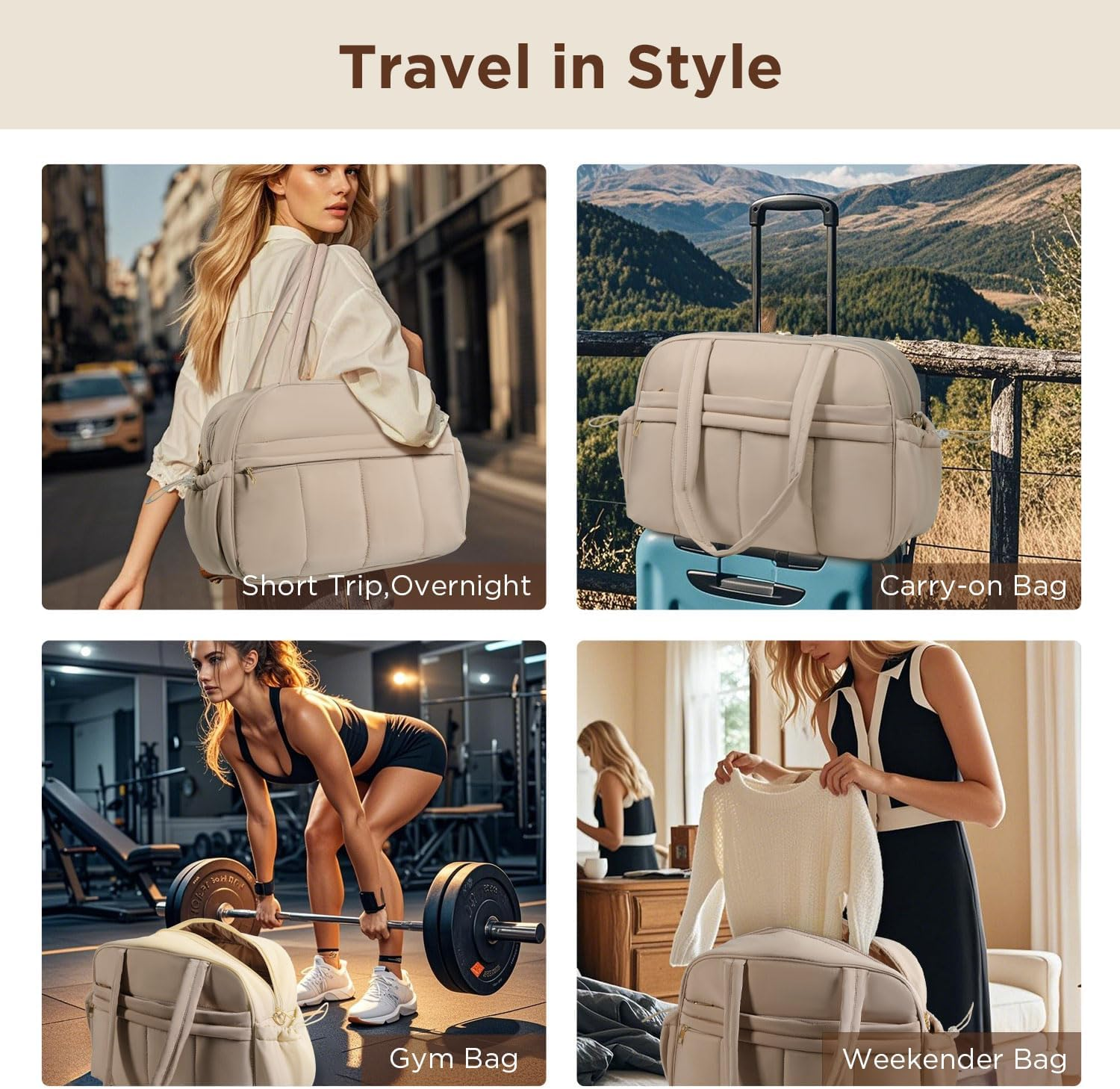 Behaesty Weekender Bags for Women, Quilted Travel Duffel Bag, Large Puffer Duffle Bag for Travel Gym Overnight Weekend Workout Carry on Bag for Airplanes, Personal Item Travel Bag, Camel, 18 X 12 X 8 image number 4