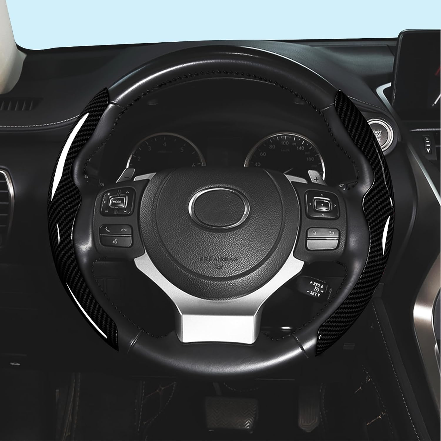 Car Steering Wheel Cover Bright Carbon Fiber, Steering Wheel Wrap Set Non-Slip 2Pcs Protector Interior Decoration 14-15 Inch Universal (Black)