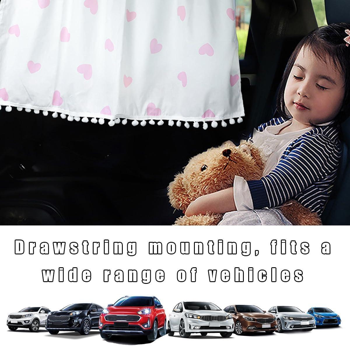 Car Side Window Shade, 19"&times;27" Auto Window Curtain with Sun Protection, Car Window Sun Shade Cover Block Damage from Direct Bright Sunlight and Heat, Car Accessories (Pink Hearts)