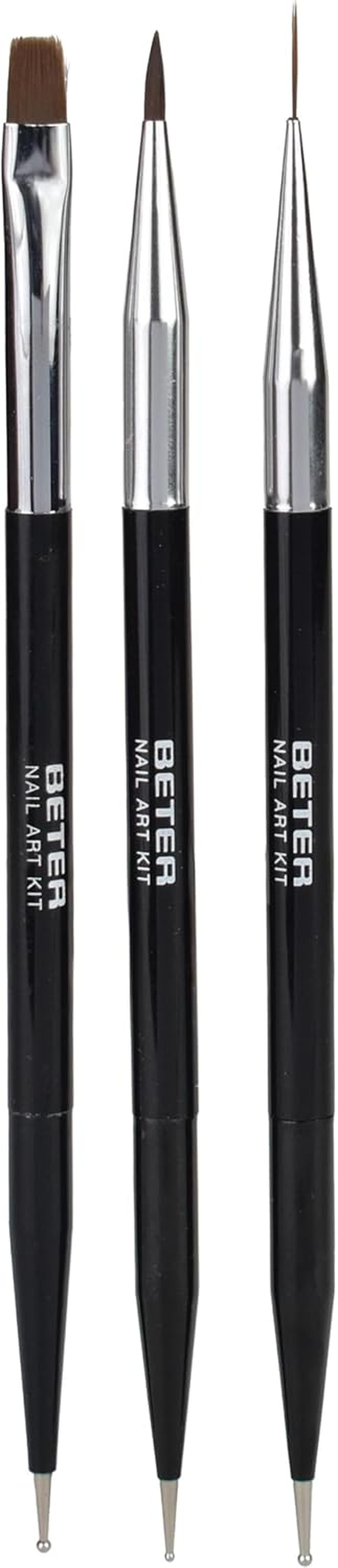 Beter - Set of 3 Dual-Ended Nail Art Brushes, Professional Nail Brush and Dotting Tool, Ideal for French Manicure, Fine Details and Gradients, Nail Art Decoration Kit, Nail Design