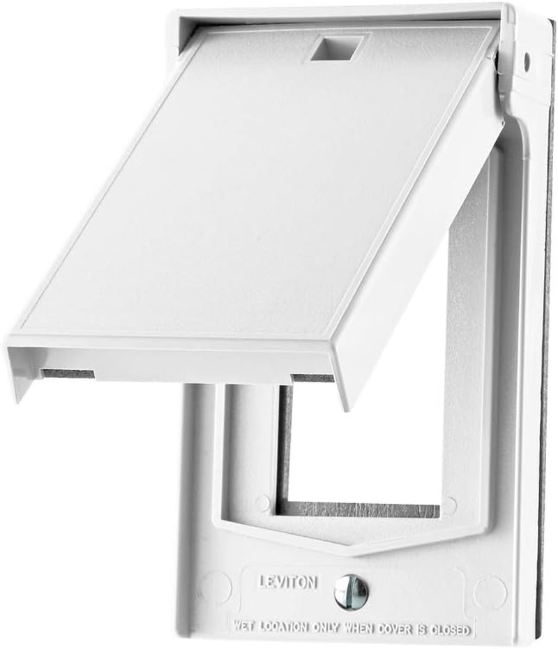 Leviton Weatherproof Wallplate, 1-Gang, for Decora or GFCI Receptacles, White, Plastic Enclosure, Vertical Mount, 4996-W Outdoor Outlet Cover with Self-Closing Lid