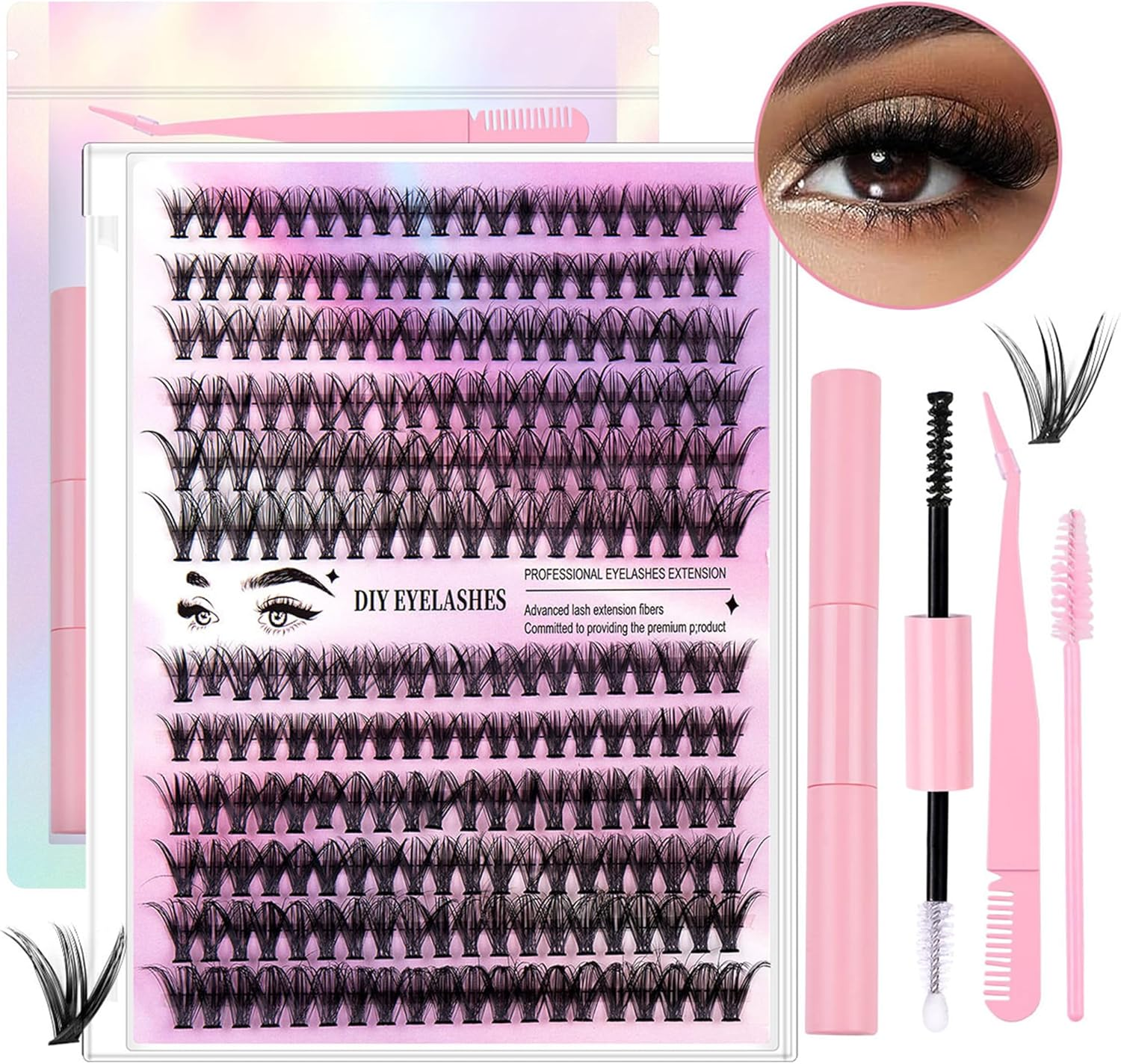 DIY Lash Extension Kit 240Pcs 30D+40D Lash Clusters Eyelash Extension Kit with Lash Bond and Seal Individual Lashes Kit Eyelash Tweezers Eyelash Brush False Eyelashes Natural, Pink image number 3
