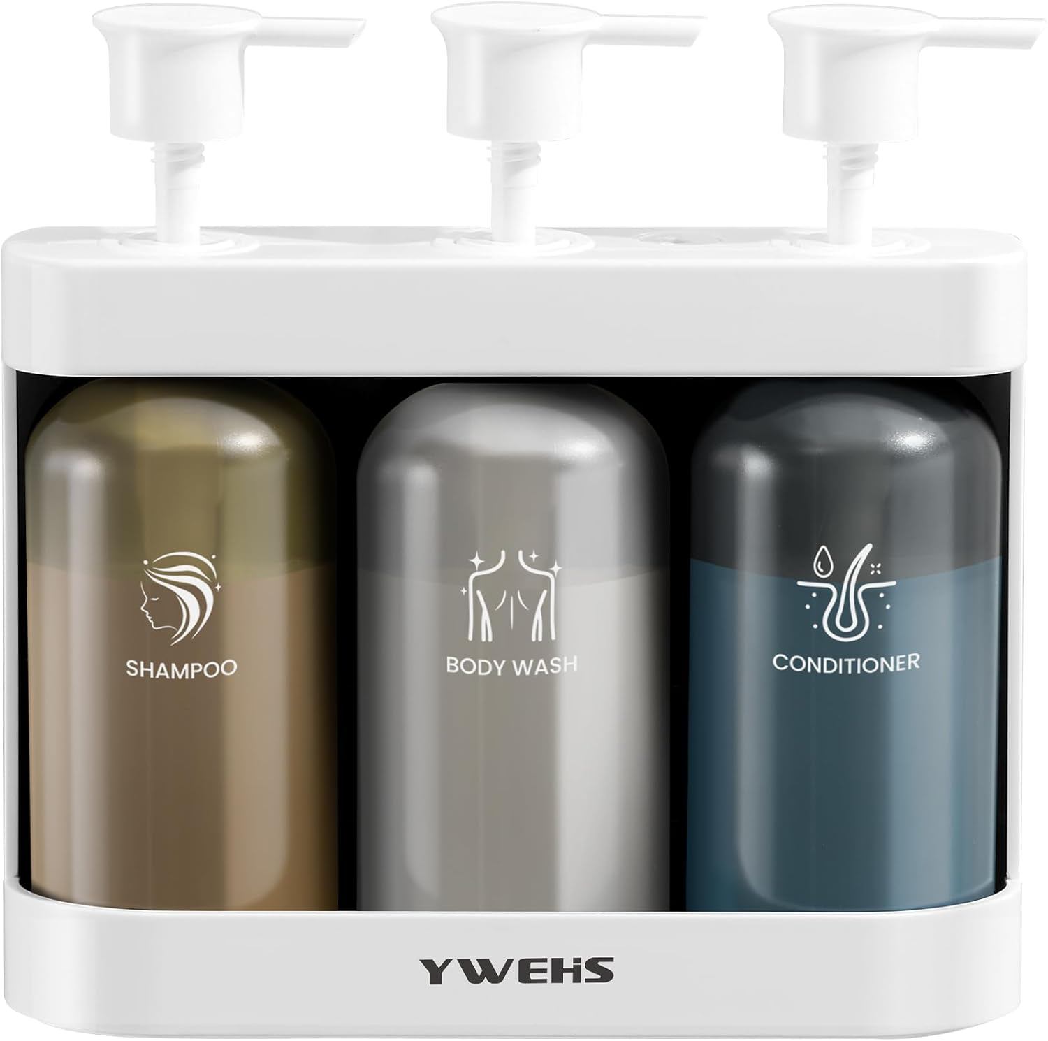 YWEHS Shampoo Dispenser for Shower Wall Mounted, Shower Soap Dispenser 3 Chamber No Drill, 12.85 Fl.Oz*3 Shampoo Conditioner Body Wash Dispenser for Bathroom Hotel, Silver, 3 Refillable Bottles
