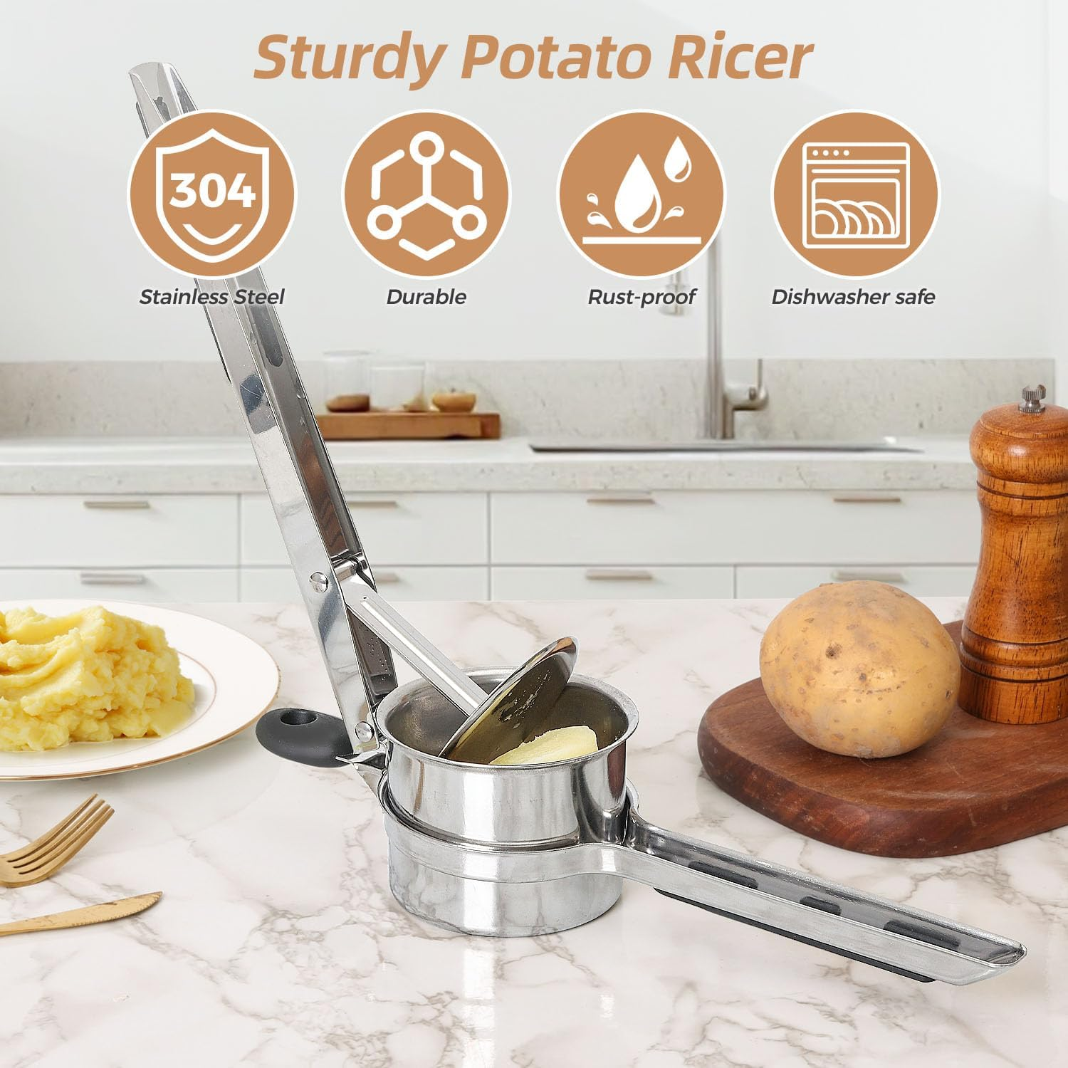Yopinmall 15 OZ Potato Ricer, Stainless Steel Potato Masher with Silicone Handle Heavy Duty Ricer for Mashed Potatoes Kitchen Tool Potato Press Kitchen Gadget 4 Interchangeable Discs image number 1