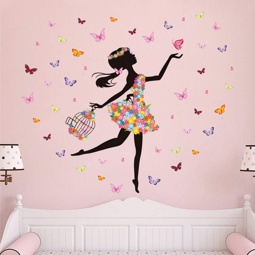 Supzone Flower Fairy Wall Decal Girl with Umbrella Wall Sticker Colorful Butterfly Floral Wall Decor DIY Vinyl Mural Art for Girls Baby Nursery Bedroom Living Room Playroom