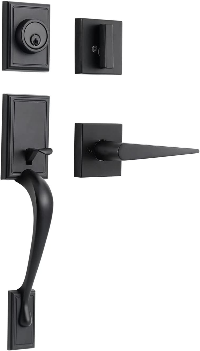 Neutype Front Door Handle Set Entrance Door Lock Set Matte Black Heavy Duty Entry Handle Set with Lock, with Single Cylinder Deadbolt and Lever Handle, Compatible with Right & Left Handed Doors