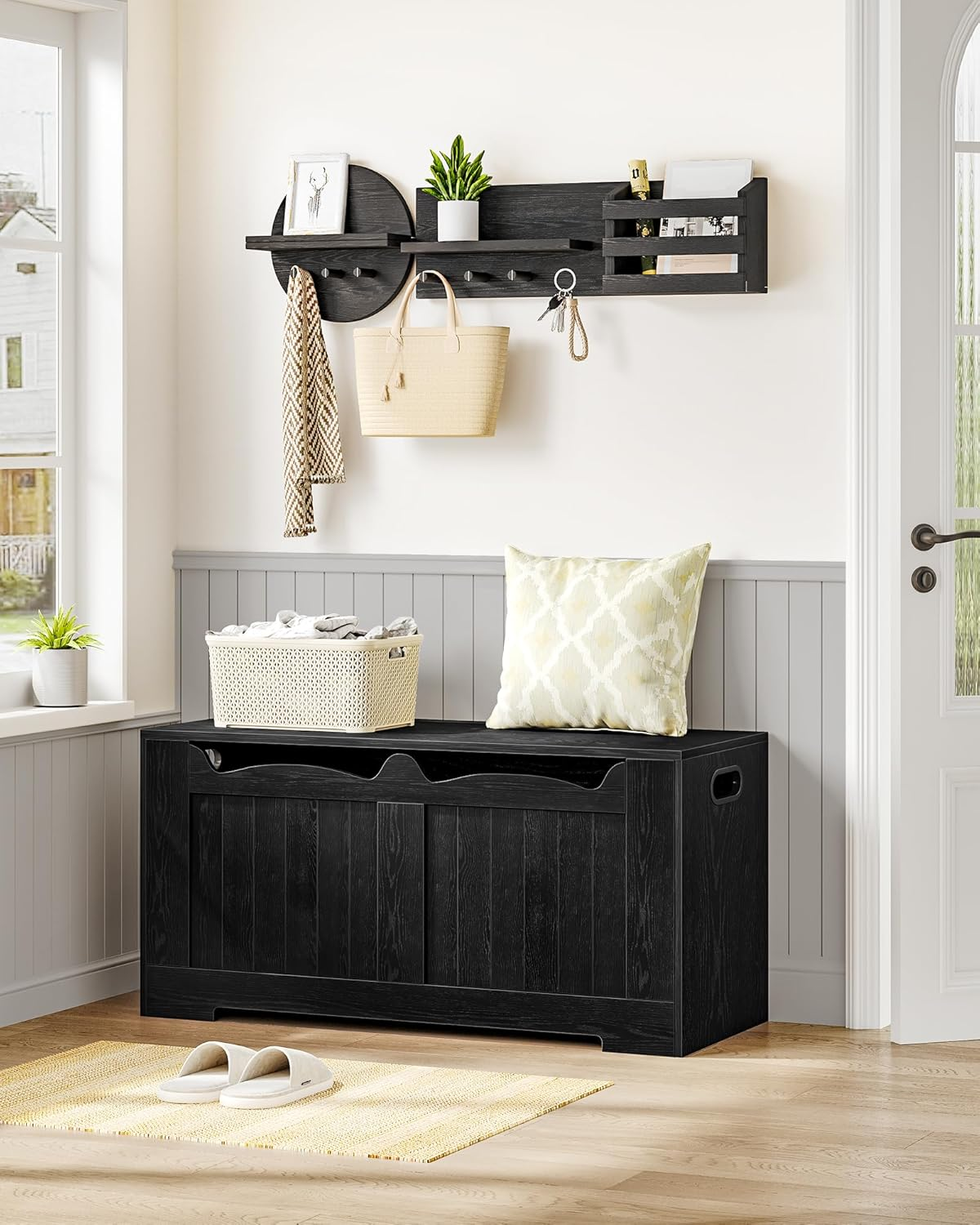 Hzuaneri 39.4" Storage Chest, Storage Bench Trunk with 2 Hinges,Wooden Box, Lift-Top Chest Organizer, Shoe Bench for Entryway, Bedroom, Living Room, Black SB01004X image number 2