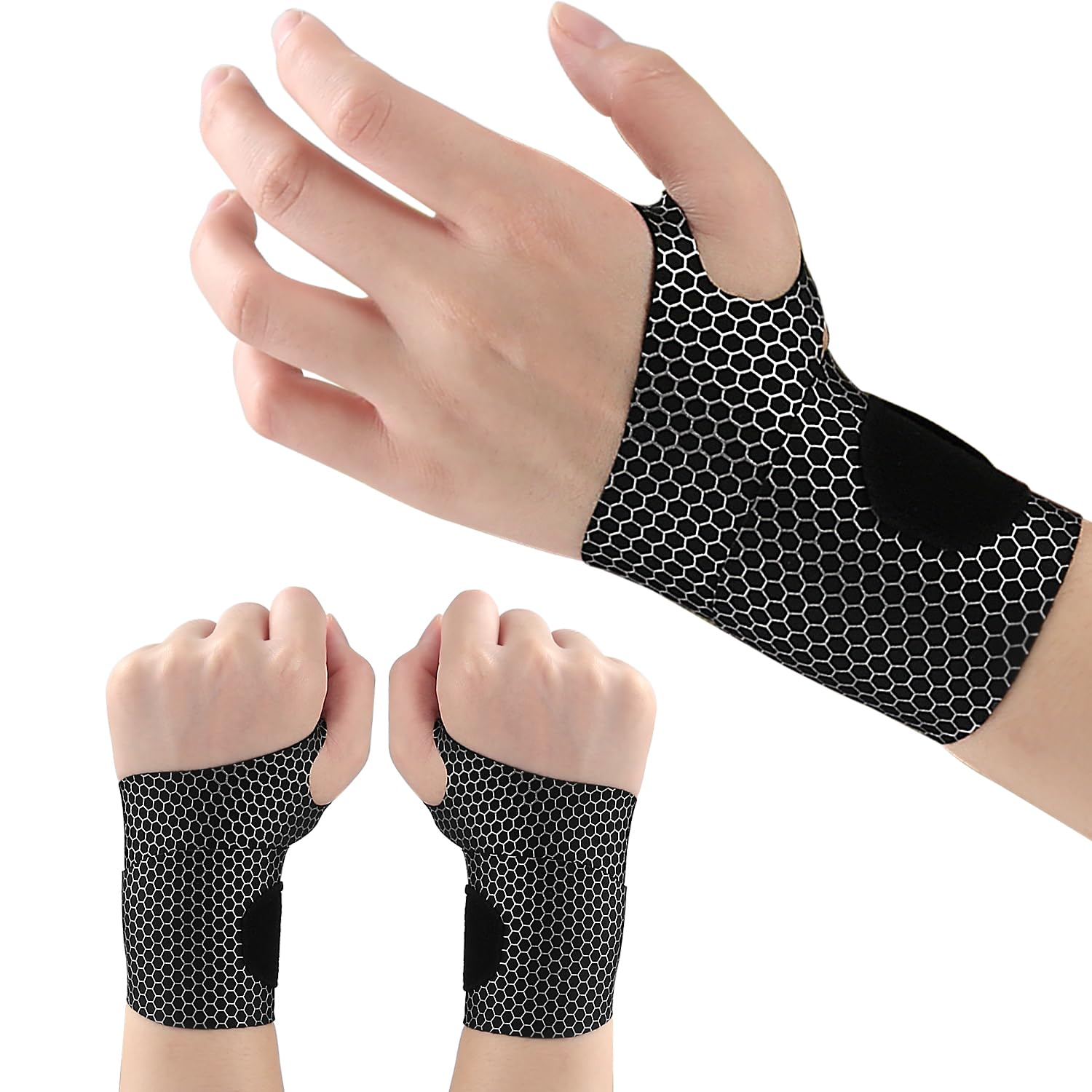 2 Pcs Ultra-Thin Wrist Brace and Compression Wraps - Elastic Adjustable Carpal Tunnel Support Sleeves for Sports Fitness (Black)