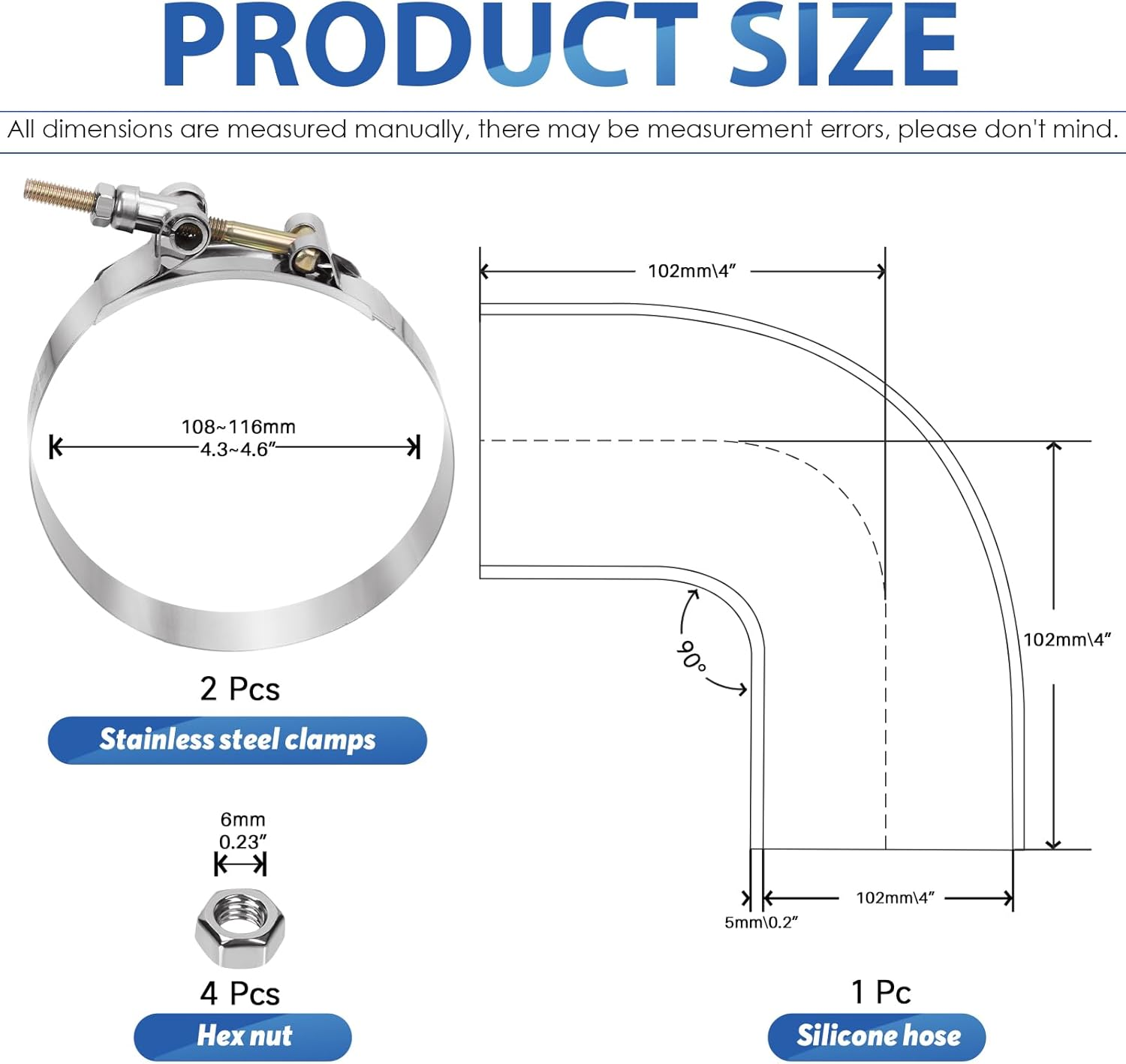 Glarks 7Pcs 90 Degree Elbow Coupler Silicone Hose Set Includes 1Pcs ID 4In 4-Ply High Performance Coupler Silicone Hose 2Pcs 4.2-4.5In T-Bolt Clamp 4Pcs M6 Hex Nut image number 5