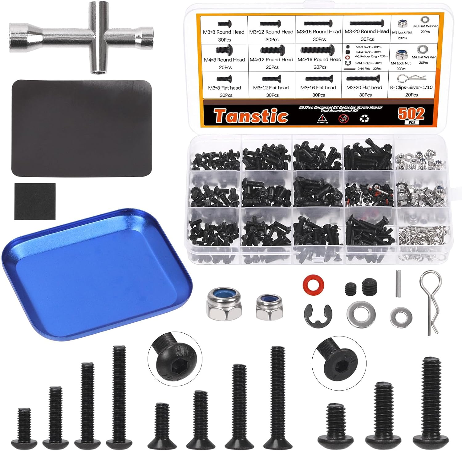Tanstic 502Pcs Universal RC Screw Kit, RC Repair Tool Kit with Magnetic Screw Tray Hardware Fasteners Compatible with Traxxas Axial Redcat HPI Arrma Losi 1/8 1/10 1/12 1/16 Scale RC Cars Crawler image number 5