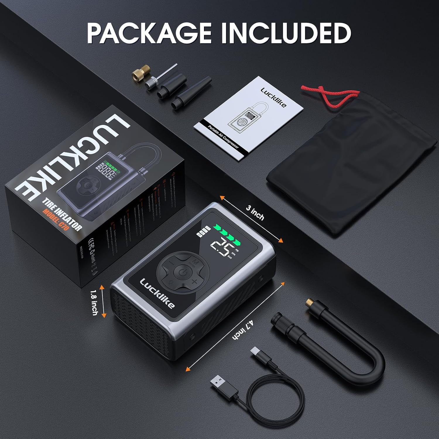 Lucklike Tire Inflator Portable Air Compressor,150Psi Cordless Portable Air Pump for Car Tire, Electric Bike Tire Pump with Digital Pressure Gauge, LED Light for Car, Bike, Motorcycle, Ball image number 6