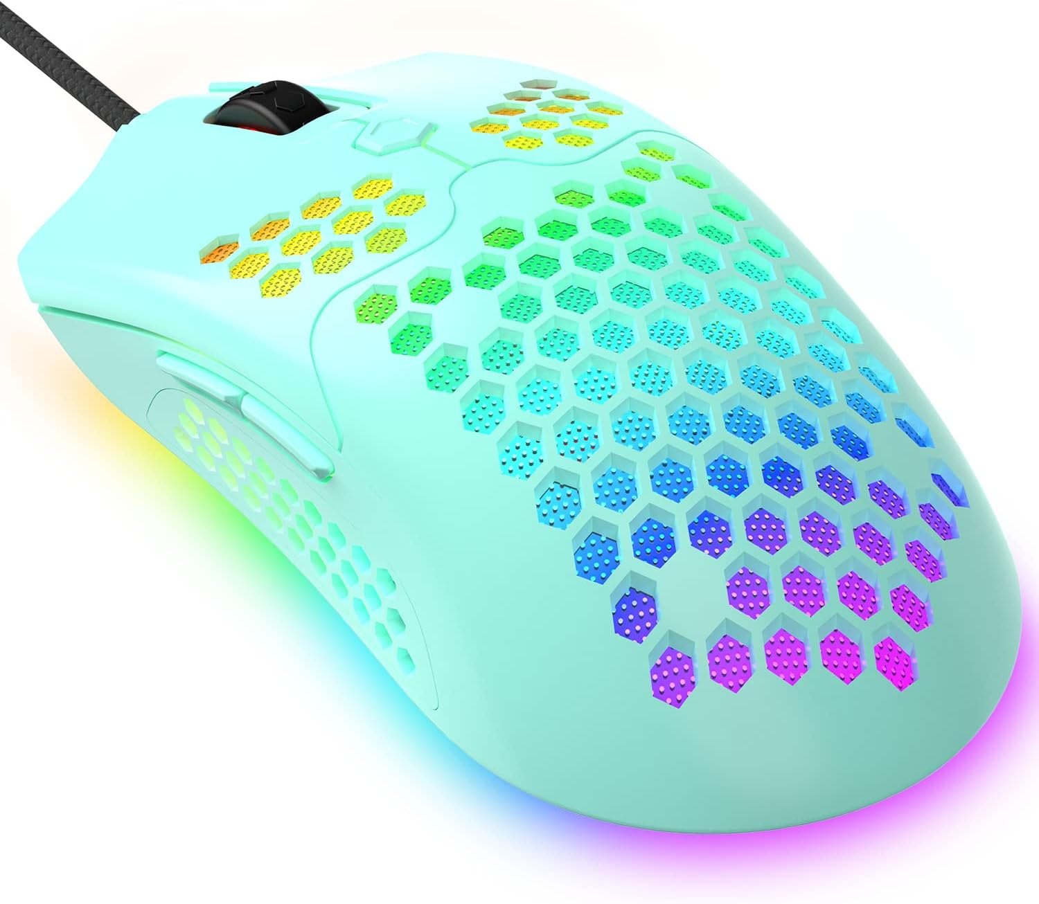 KUIYN 383 PRO Ultralight Wired Gaming Mouse, Lightweight Honeycomb Shell, 6 RGB Breathable Backlight, 6 Adjustable DPI 6400, USB Optical Model Win10/Xp/Xbox/Ps4/Ps5/Mac/Hp/Acer (White-Green)