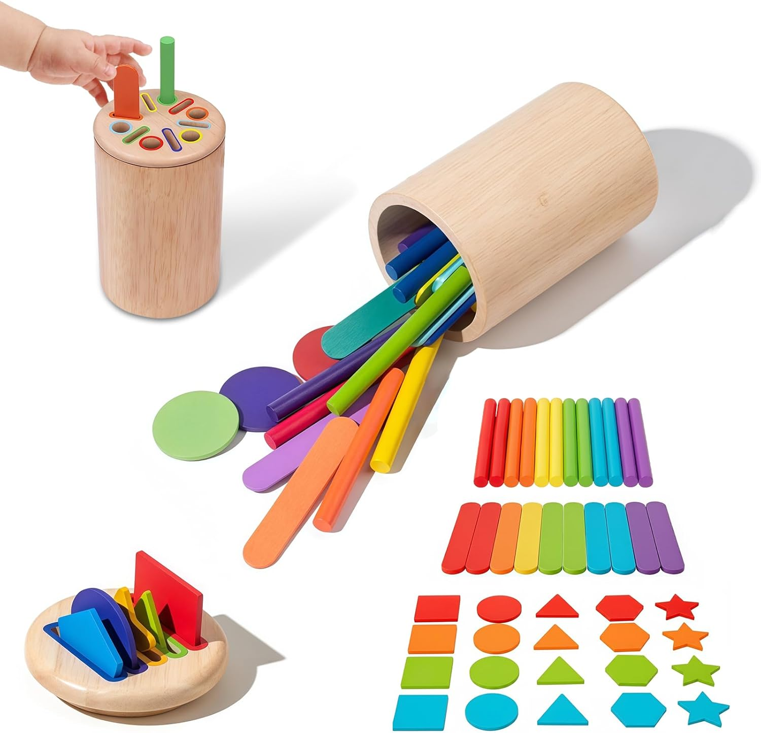 Montessori Toys Toddlers 1-3 Year Old Wooden Learning Color Sorting Toys, Kids Wooden Fine Motor Skills Toy Set, Fine Motor Developmental Sensory Training and Educational Game for Boys and Girls
