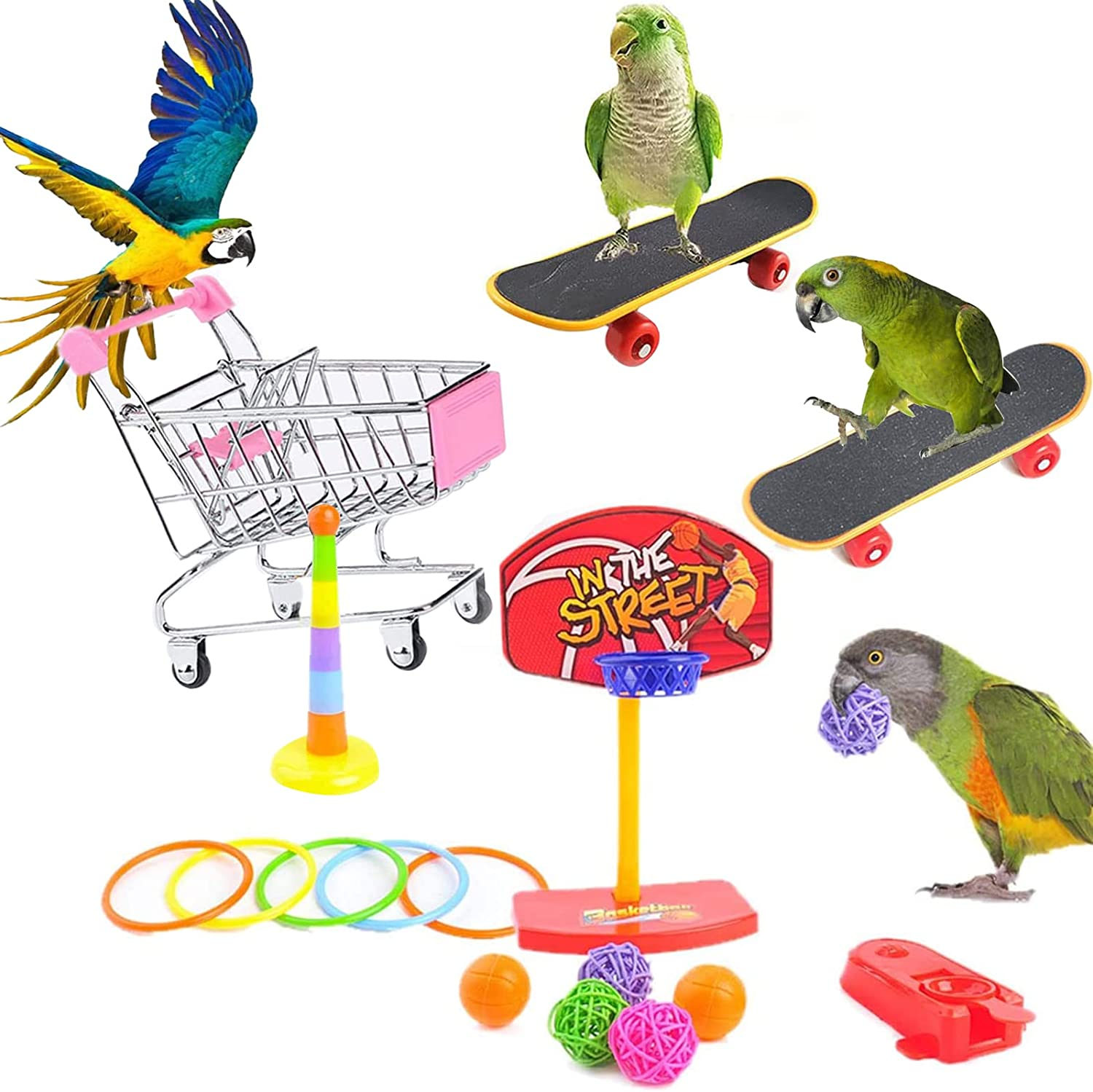 5Pcs Bird Parrot Intelligence Toys, Interactive Playing Training Toy Set, Including Mini Shopping Cart, Training Rings, Skateboard, Basketball Hoop and Ball, for Parrot Parakeet Cockatiel Lovebird