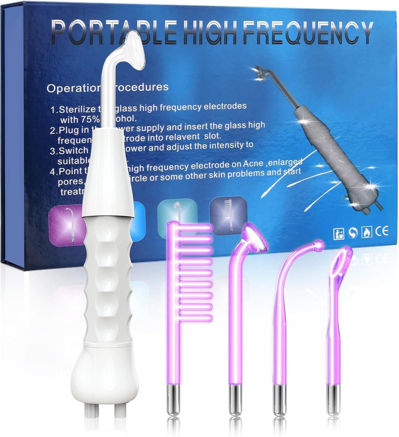 High Frequency Stick Face Portable Hand Electrode Stick Glass Tube Skin Therapy Device with 4 Argon Rods - Acne Treatment - Skin Tightening - Wrinkle Reduction
