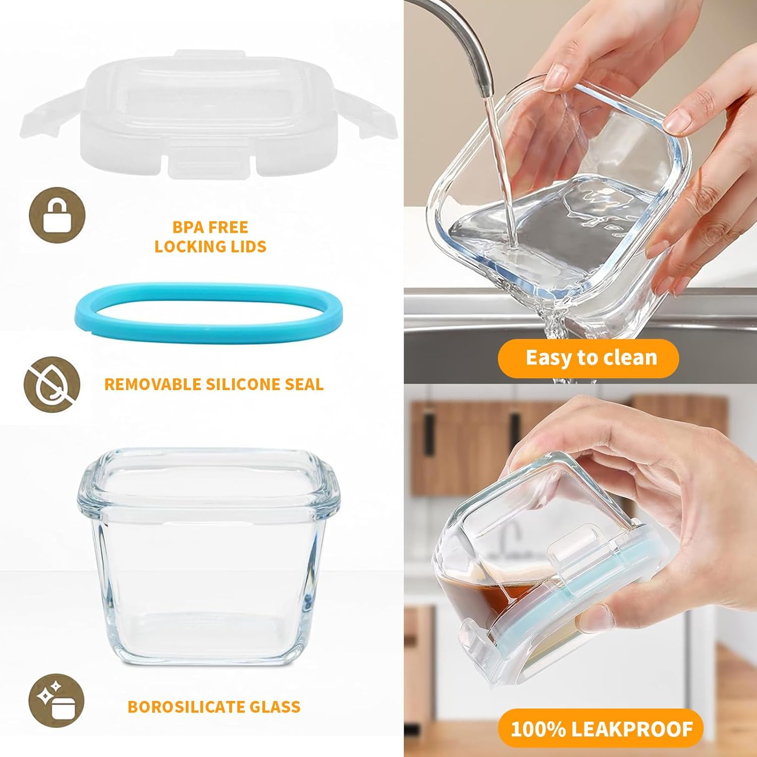 12 Pack Glass Food Containers with Lids, 150ML Meal Prep Containers, Reusable & Airtight & Leakproof Food Jars for Sauce Snack Yogurt Dressing Dip Dessert, Microwave, Freezer, Dishwasher Safe (Square) image number 3