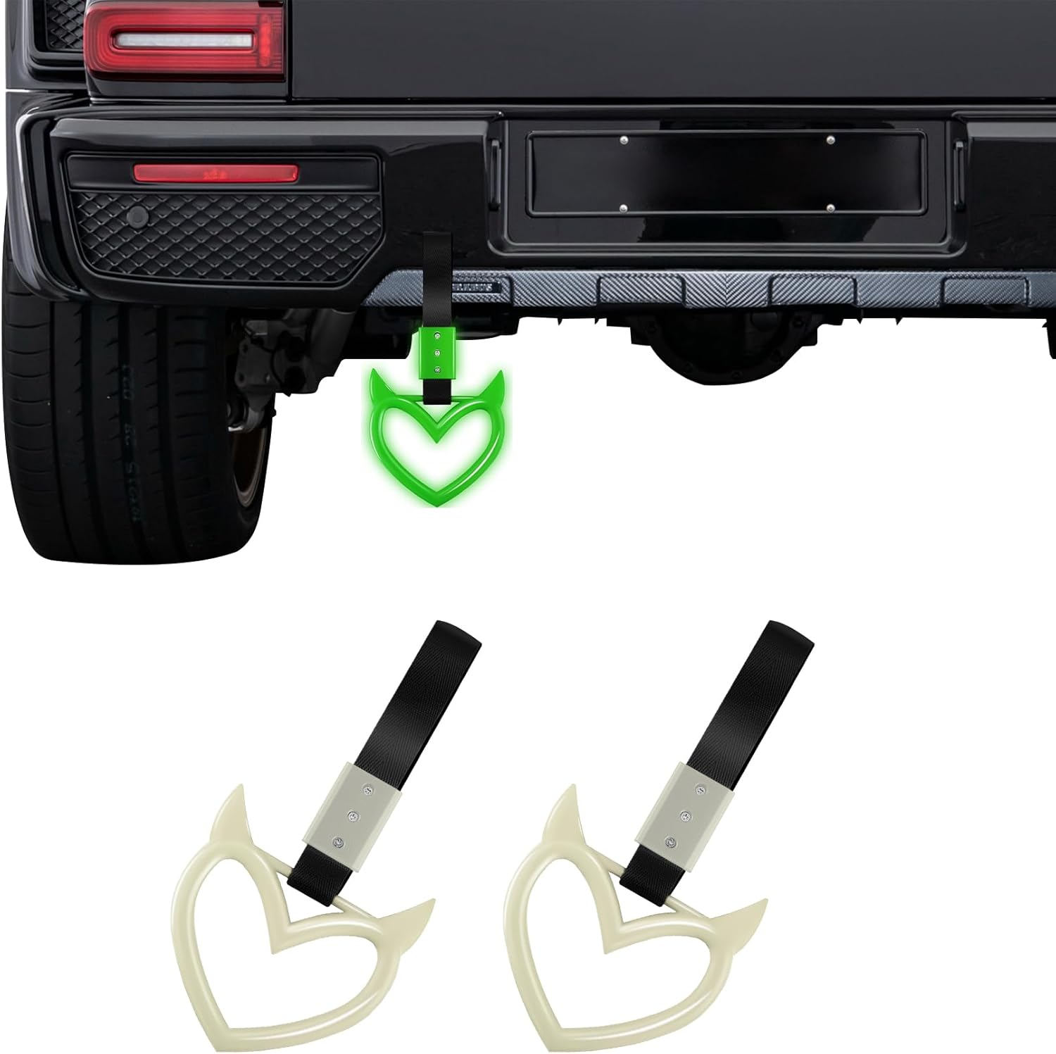 2PCS Devil Heart Handle Ring, Heart Hand Strap Drift Charm, Heart Warning Loops, Interior Exterior Decoration for Car