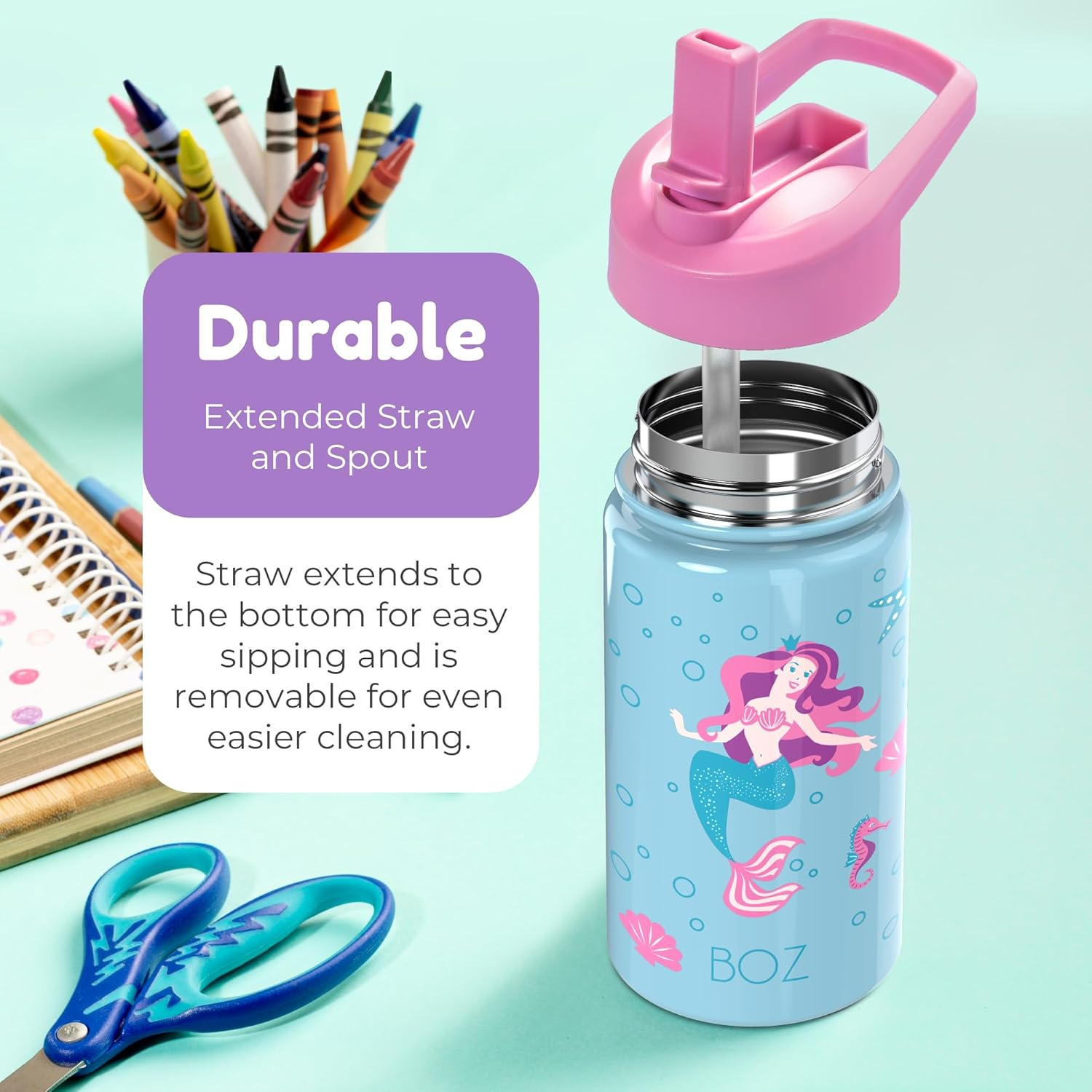 BOZ Kids Insulated Water Bottle with Straw Lid, Stainless Steel Vacuum Double Wall Water Cup, 14 Oz (414Ml). Scratch-Resistant Cute Print and Carry Handle, Bpa-Free and Dishwasher-Safe (Mermaid) - Butterfly image number 5