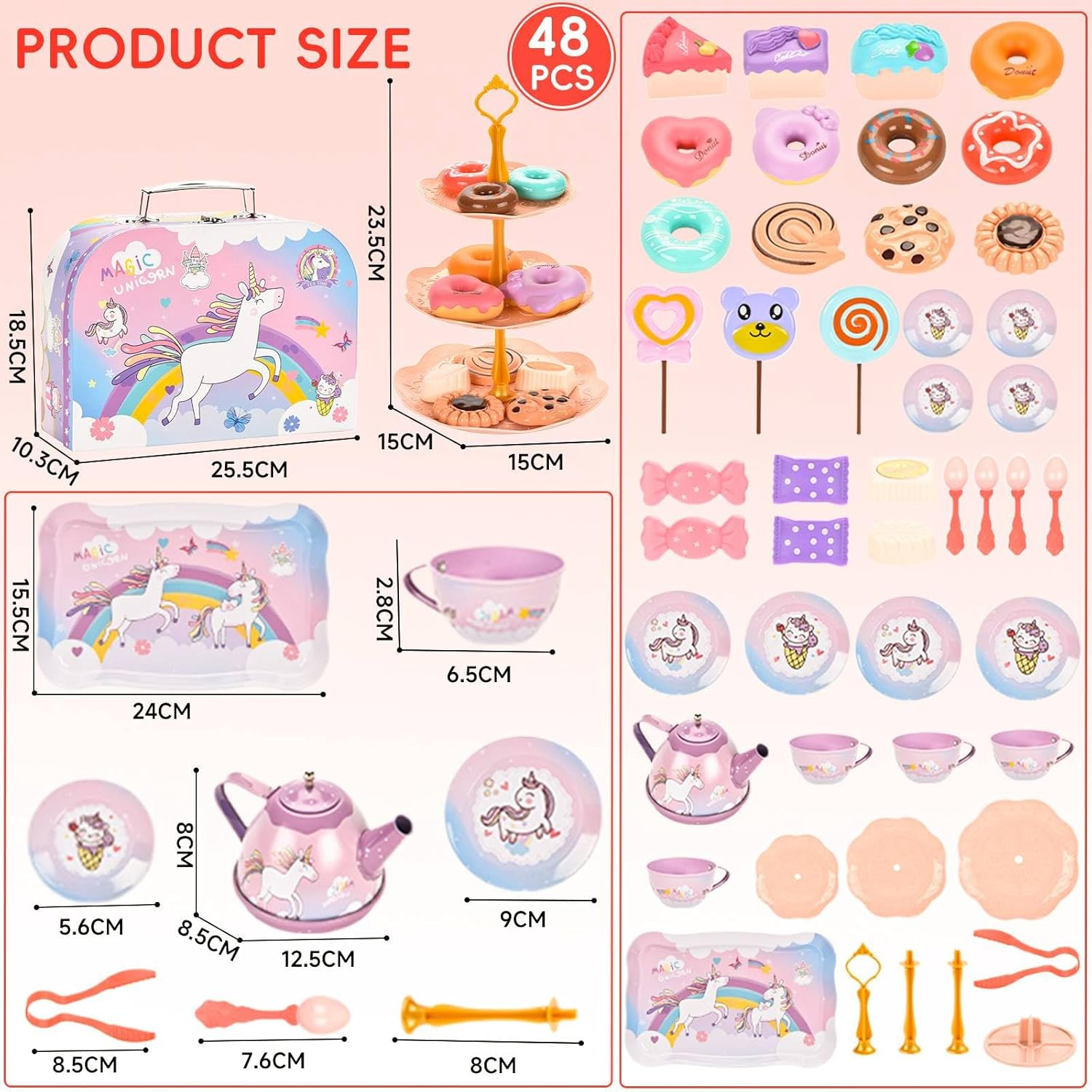 Kids Tea Party Set, 48PCS Pretend Play Toys Including Tea Set Dessert Ice Ice Unicorn Toys Carrying Case, Kids Kitchen Pretend Playset, Tea Set for Girls Boys Toys Birthday Toddler Gifts Age 3 4 5 6 7 image number 5