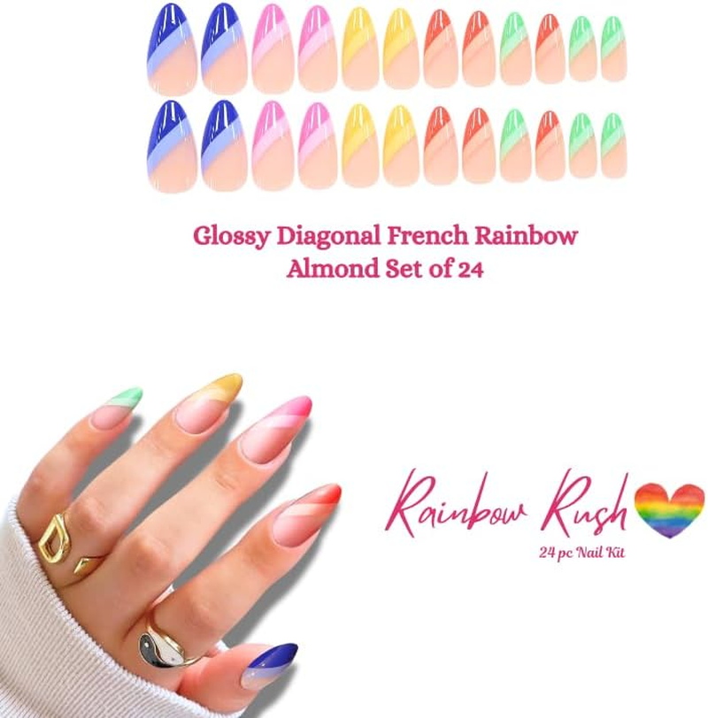 Rainbow Rush Press-On Nails Nailway X Jane Sweetpea&ndash; Salon-Quality Glossy Diagonal French Rainbow Medium Long Reusable Tips 24-Piece Set &ndash; Nail Glue & Tabs Included image number 3