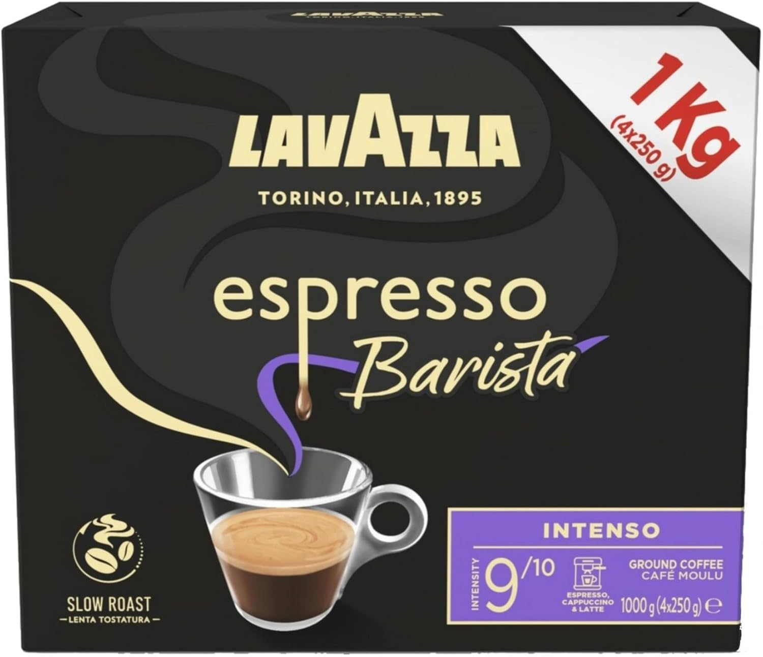 Lavazza, Espresso Barista Intenso, Coffee Ground, 1 Kg, Ideal for Moka Pots, with Aromatic Notes of Cocoa and Wood, Arabica and Robusta, Intensity 9/10, Medium Roasting, 4 X 250G image number 6