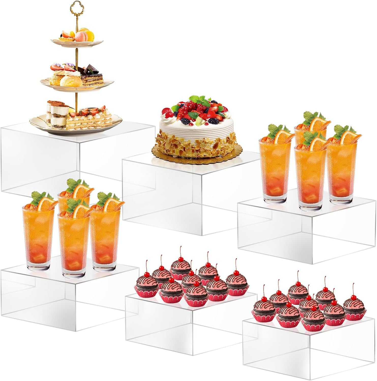 6PCS Buffet Risers, Food Risers for Buffet Table, Buffet Risers and Stands, Acrylic White Boxes for Food Display, White Acrylic Cube Boxes Big Size(9"-8"-2Pcs 7.5"-2Pcs 6.7") (White)