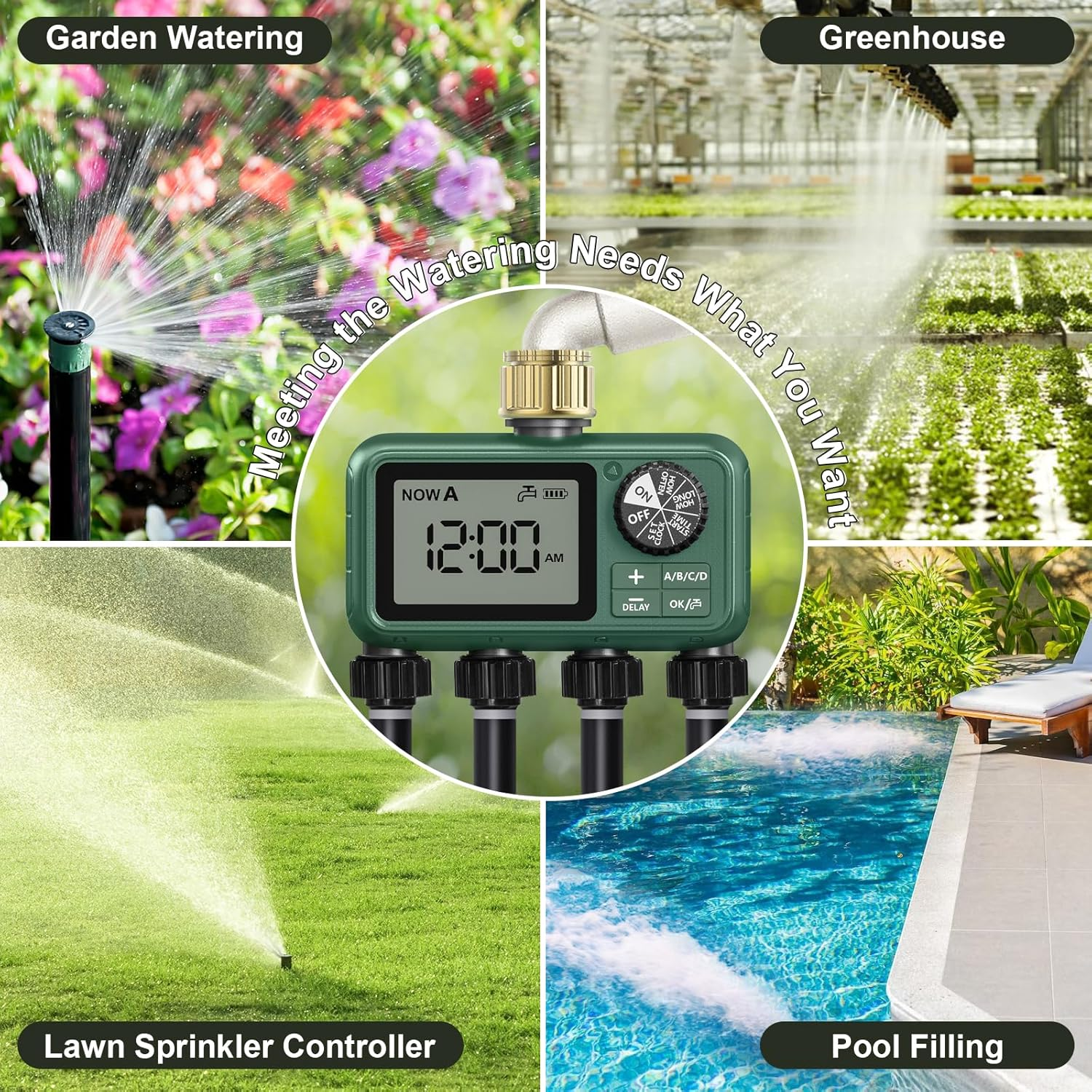 Sprinkler Timer Brass 4 Outlet, Programmable Water Timer for Garden Hose Faucet, Waterproof Gardening Supplies, Automatic Drip Irrigation System Outdoor with Sprinklers for Yard, Lawn, Greenhouse image number 1