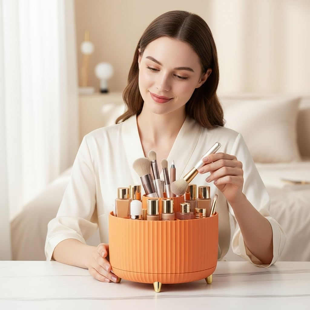 Spinning Makeup Brush Holder, 360&deg; Rotating Makeup Brush Organizer with 5 Slots, Large Capacity Cosmetic Storage Cup for Makeup Brushes, Lipsticks, Nail Polish, Bathroom Vanity Organizer(Orange) image number 2