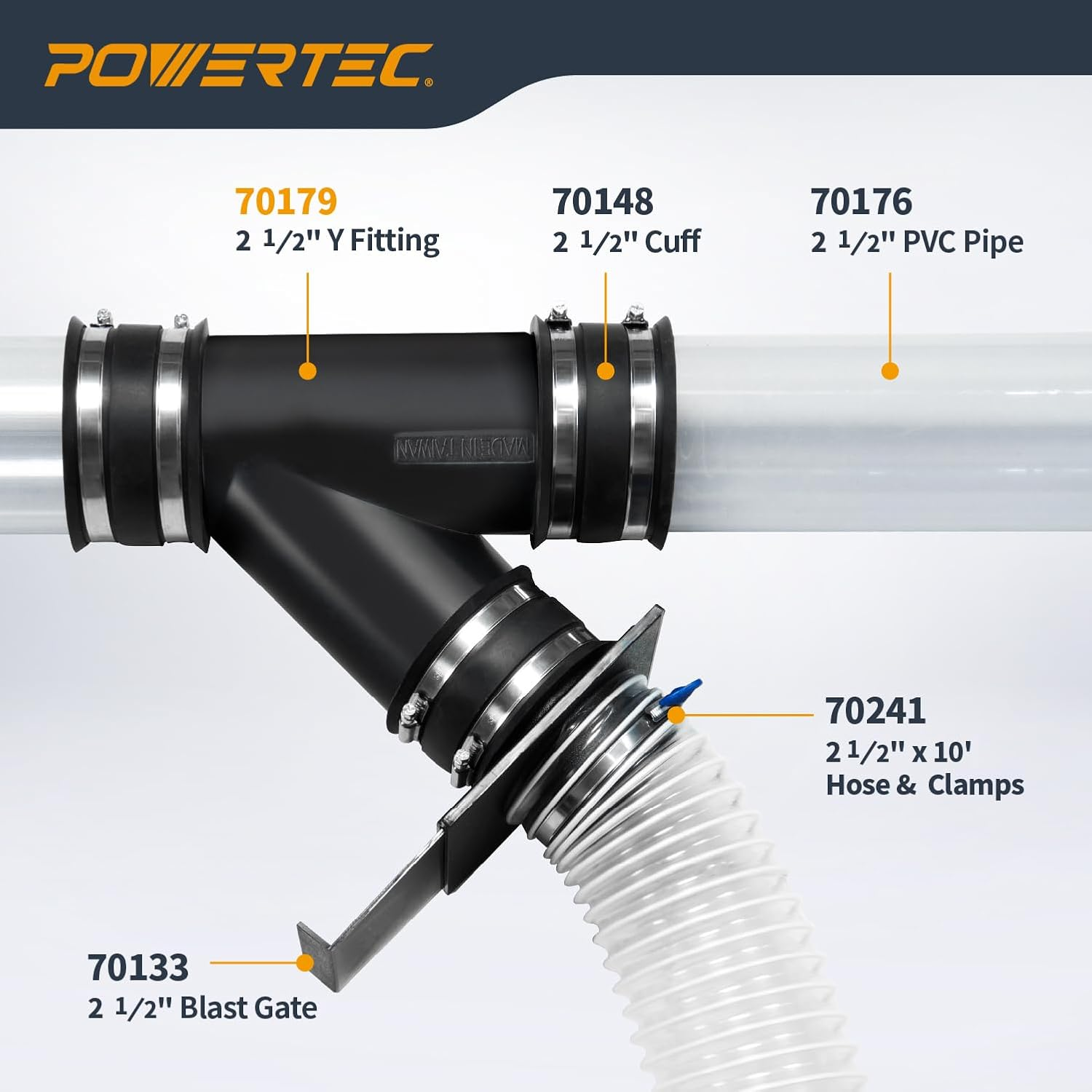 POWERTEC 2-1/2 Inch Y Fitting for 2 1/2 Inch Dust Collection Hose, 2 1/2 Inch Dust Collection Hose Connector Fittings for Dust Collection System, 1 Pack (70179) image number 2