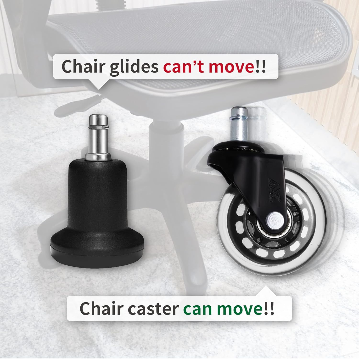 AXL Bell Glides Replacement Office Chair Swivel Caster Wheels to Fixed Stationary Castors, High Profile Chair Bell Glides, 11X22Mm-Black image number 4